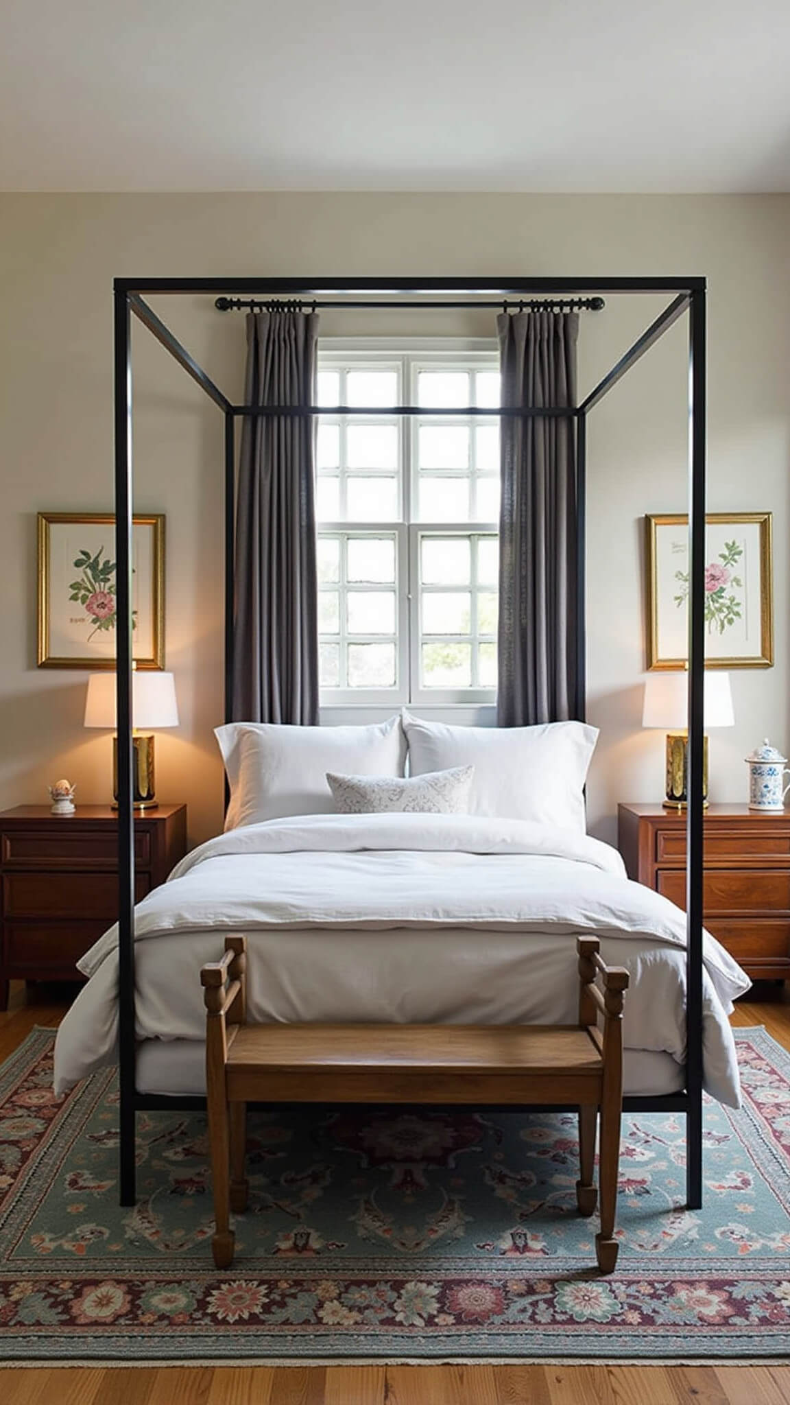 Cozy 11x13ft guest bedroom at dusk with warm lighting, modern matte black canopy bed, vintage burled wood nightstands, antique Turkish rug, white bedding, greige walls, brass-framed botanical prints, and ivory blackout curtains.