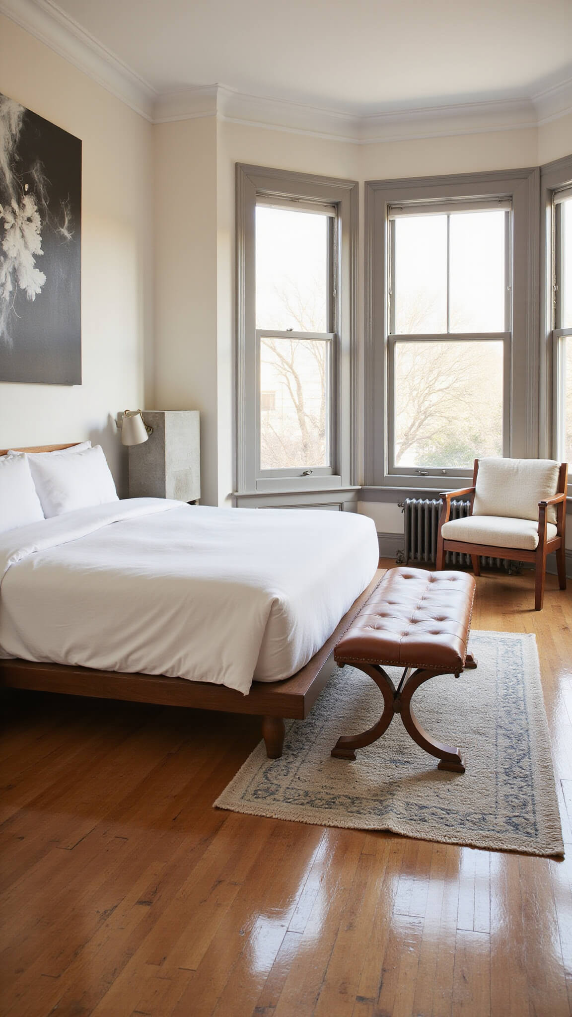 Golden hour bedroom with walnut platform bed, asymmetrical nightstands, bay windows, leather bench, bouclé chair, and black-and-white art above bed on hardwood floors.