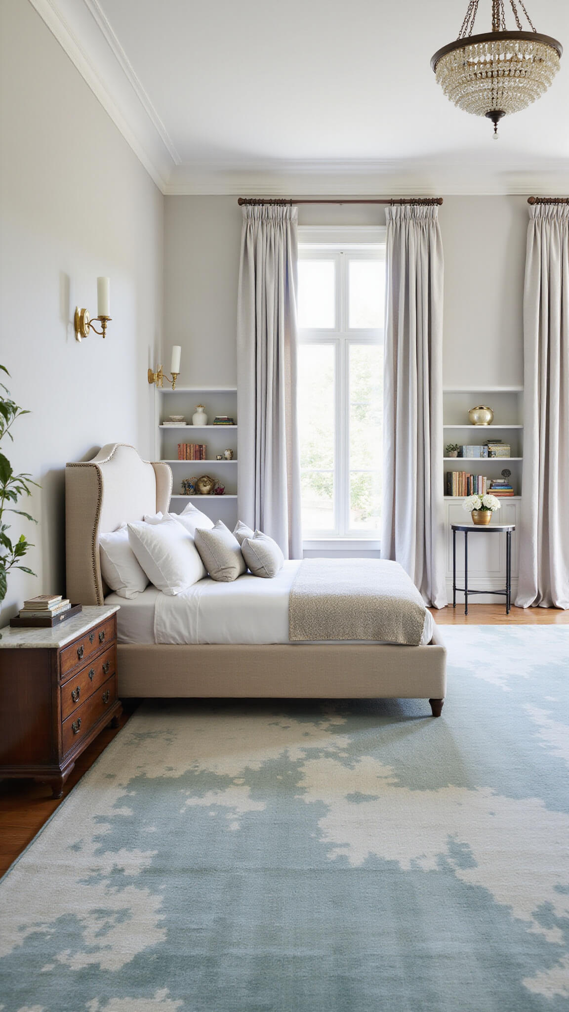 Elegant master suite with upholstered bed, vintage rug, built-in bookshelves, and soft morning light through Victorian windows.