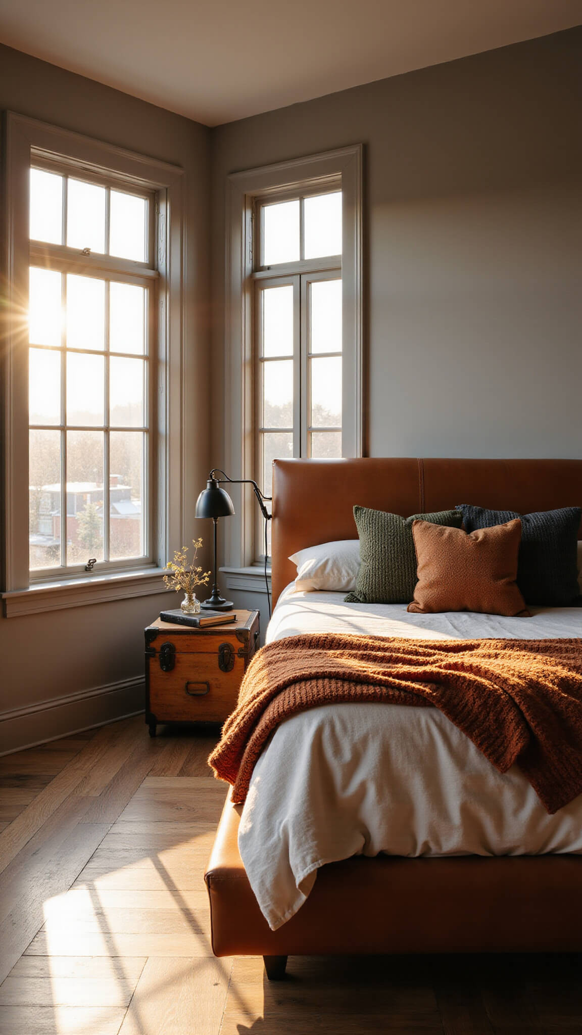 Photorealistic bedroom with golden hour light, walnut floors, king bed with earth-tone bedding, vintage trunk nightstand, and warm, masculine decor.