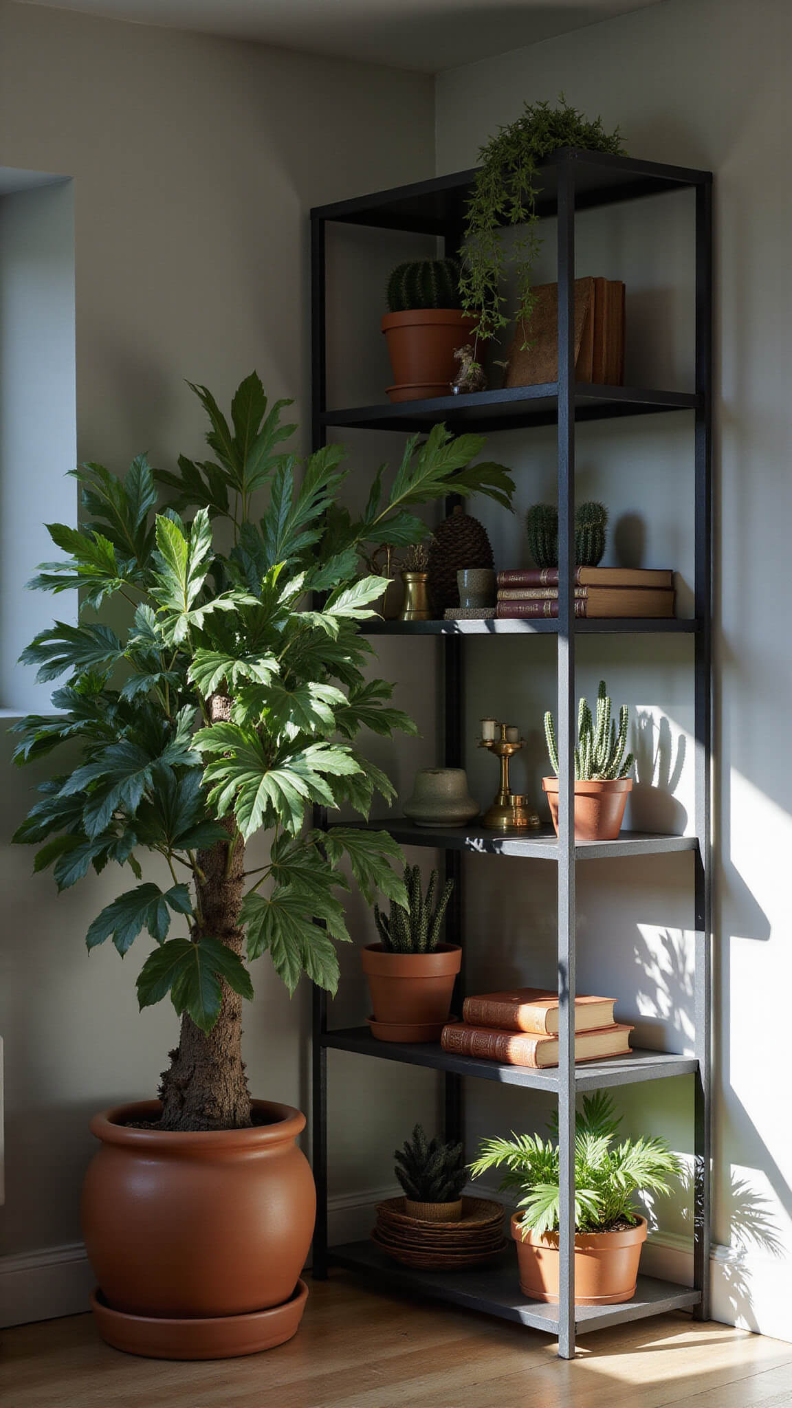 Moody bedroom corner with rubber tree, metal shelves holding cacti, snake plants, books, and brass decor in soft morning light.