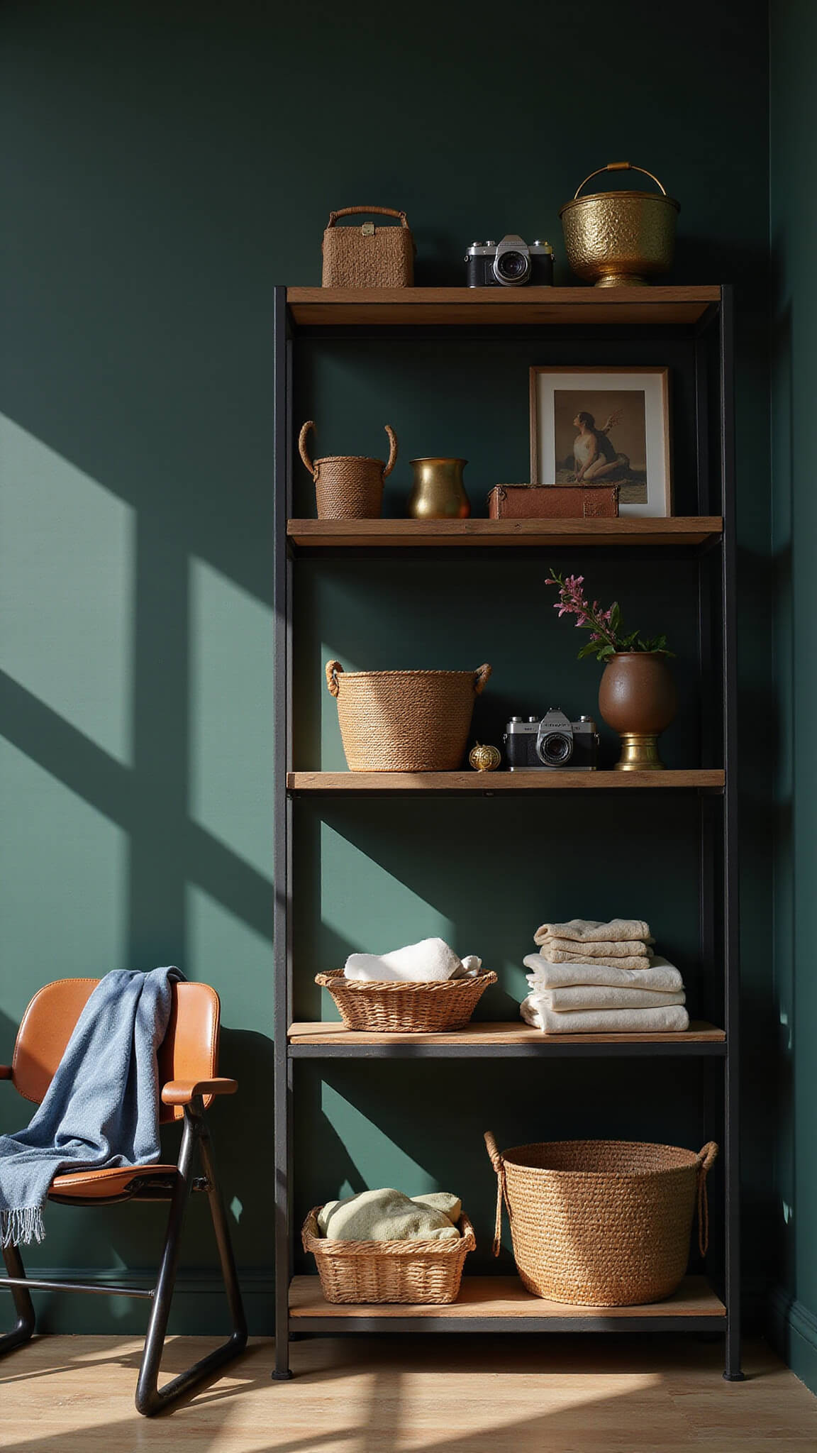 Industrial metal and reclaimed wood bookshelf against forest green wall with vintage decor, leather sling chair, and dramatic afternoon light.
