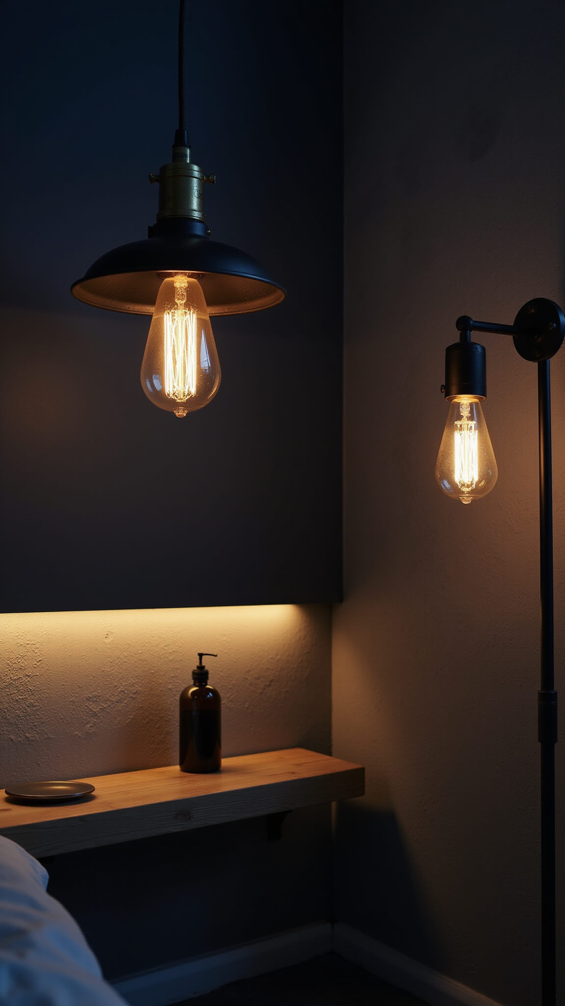 Moody dusk bedroom with layered lighting, black metal pendant lights, navy accent wall, LED shelf underglow, Edison bulb floor lamp, and raw concrete accents.