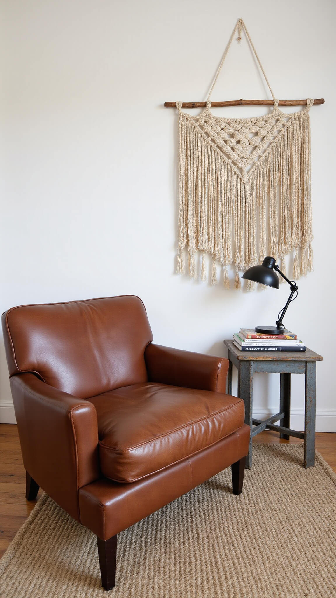 Cozy bedroom reading nook with leather armchair on jute rug, metal side table with books and task lamp, macramé wall hanging, lit by soft morning light.