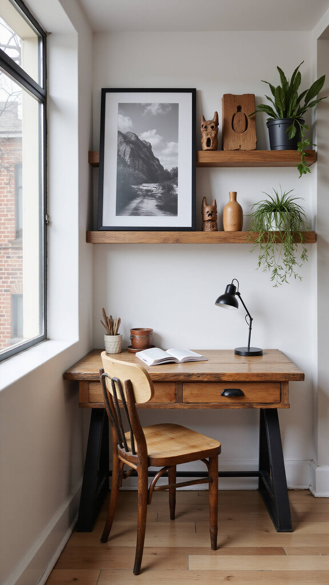 Bedroom workspace with reclaimed wood desk, vintage industrial chair, floating shelves with wooden sculptures and ZZ plants, large black and white photo, and structured shadows from metal-framed window.