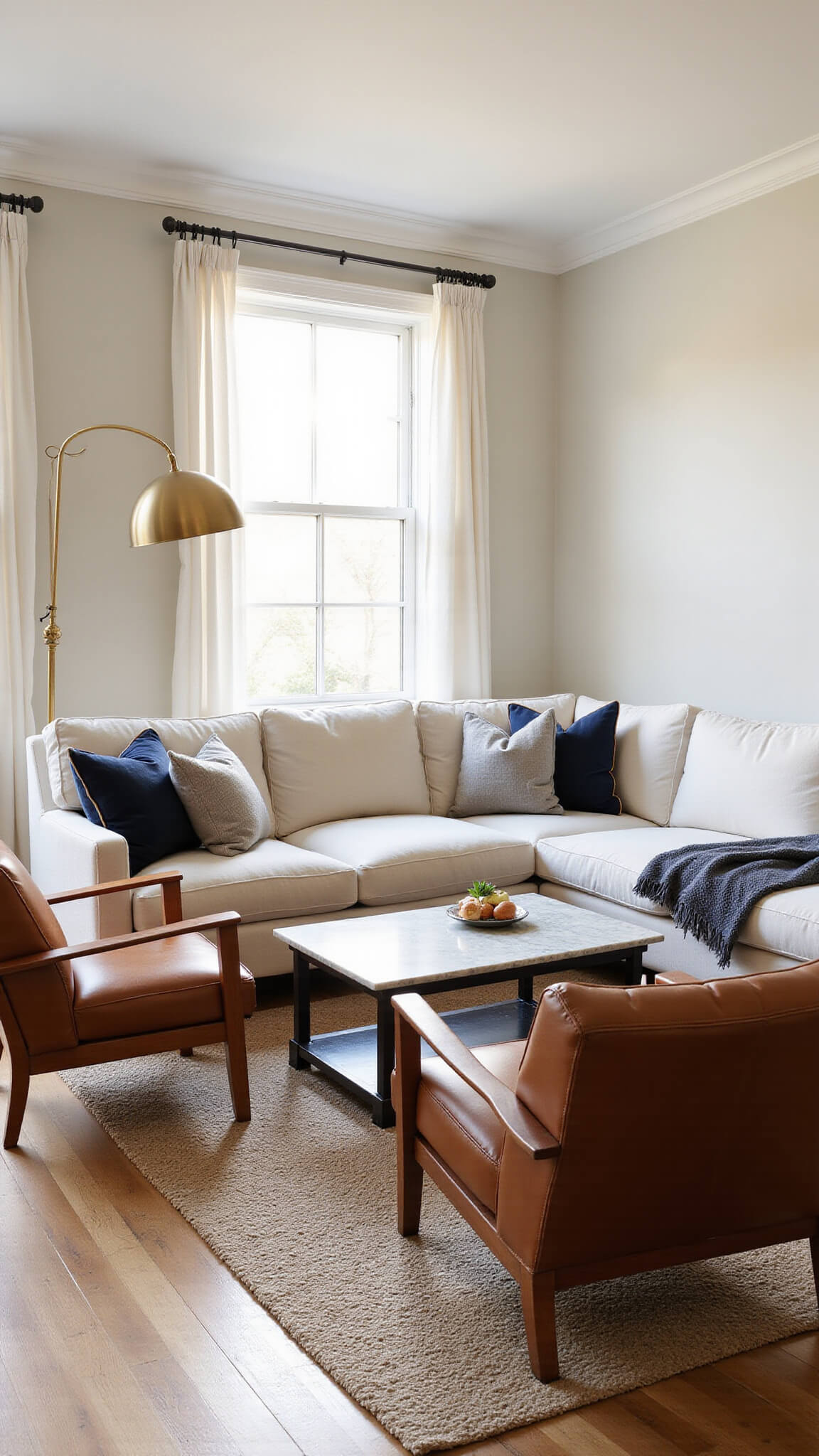 Sunlit living room with cream sofa, leather chairs, and marble coffee table on oak floors and vintage rug, featuring warm neutral tones and golden hour lighting.