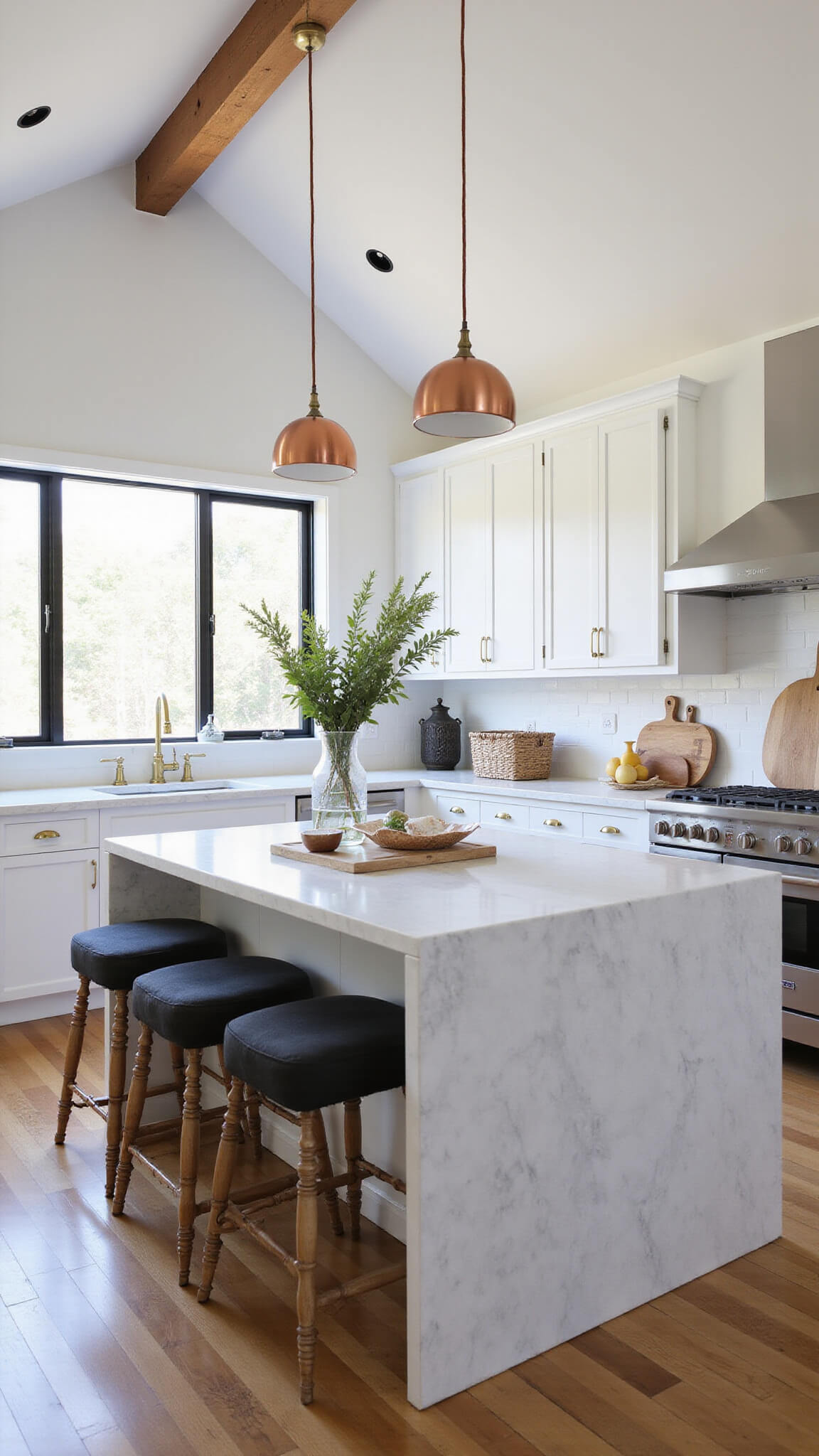 Wide-angle view of modern farmhouse kitchen with vaulted ceiling, white cabinets, marble island, and mixed metal accents.