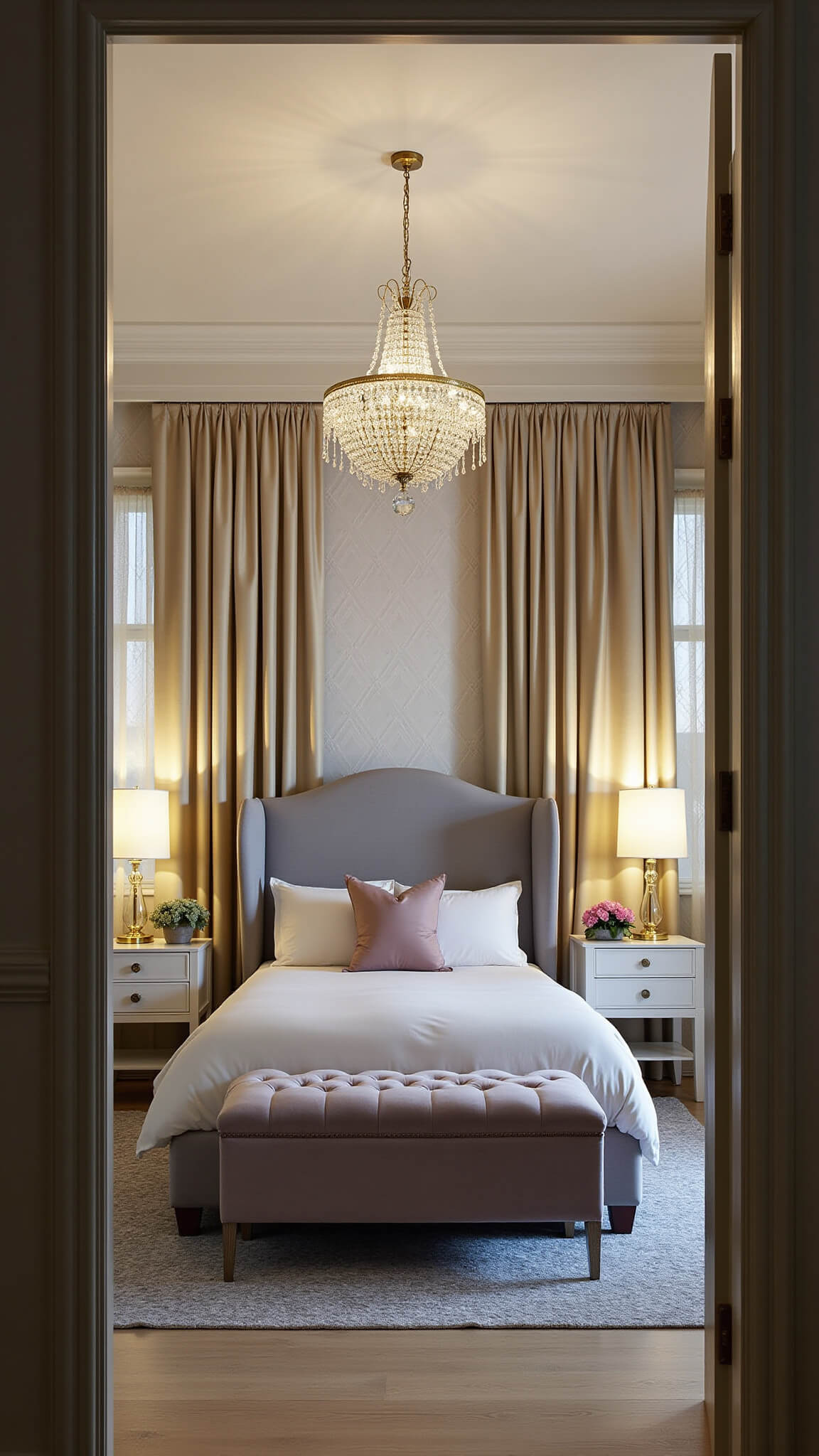 Elegant master bedroom at dusk with tray ceiling, ambient lighting, and a mix of traditional and modern furnishings in neutral tones with blush accents.