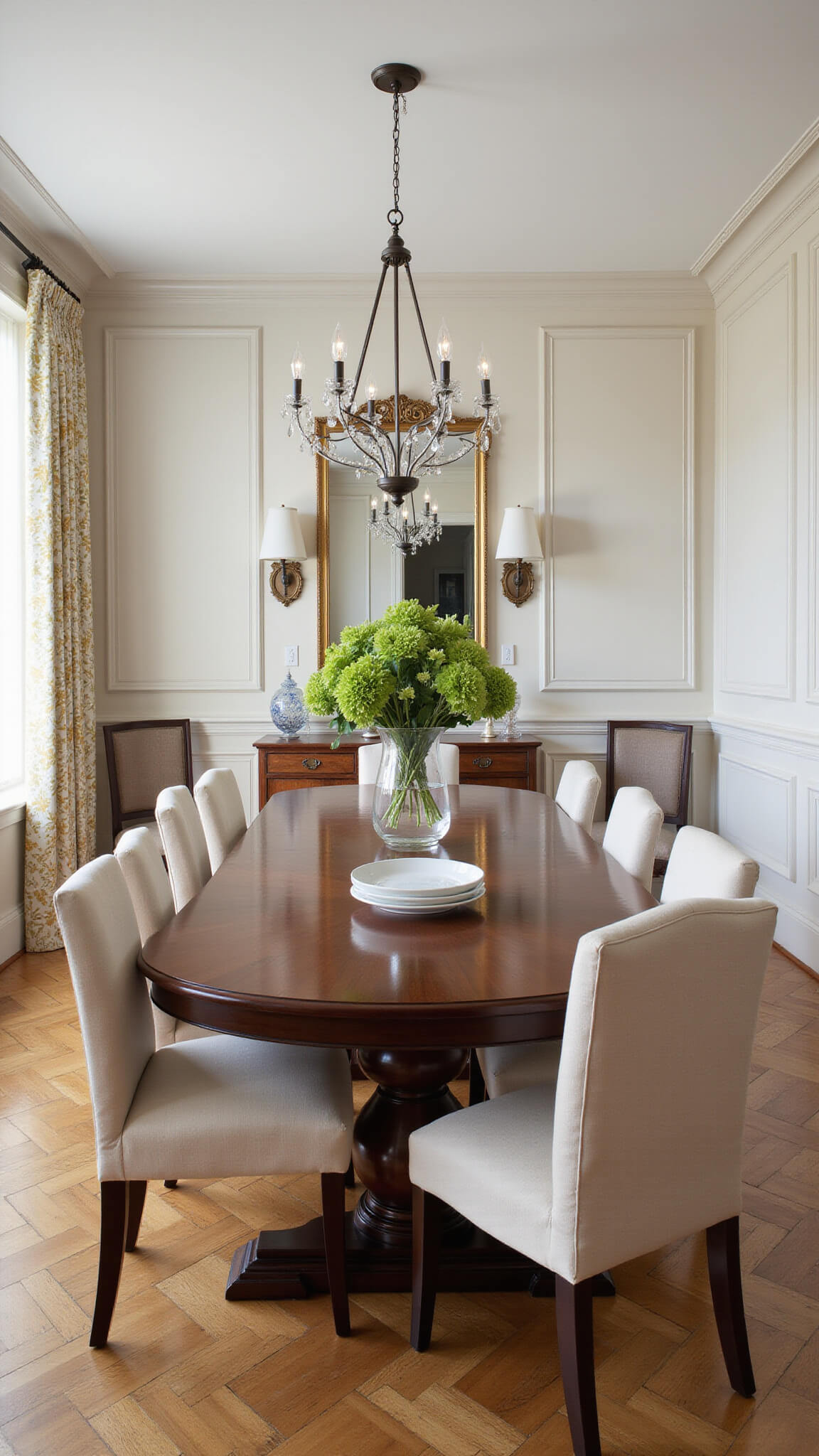 Formal dining room with herringbone floors, mahogany table, cream Parsons chairs, and glass chandelier under soft afternoon light.