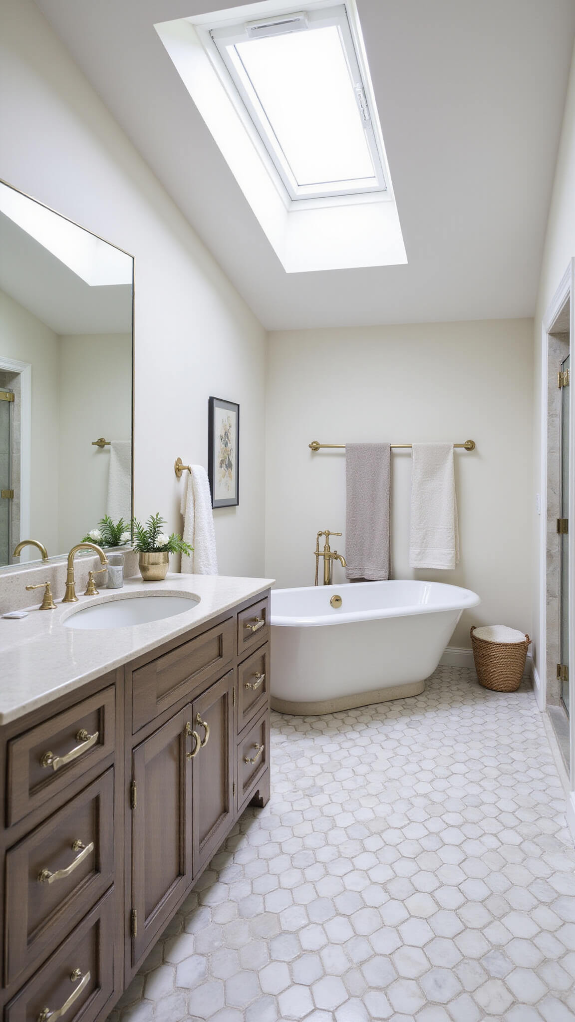 Spa-inspired bathroom with marble hexagon floors, freestanding soaking tub, floating vanity, and antiqued brass fixtures under skylight.
