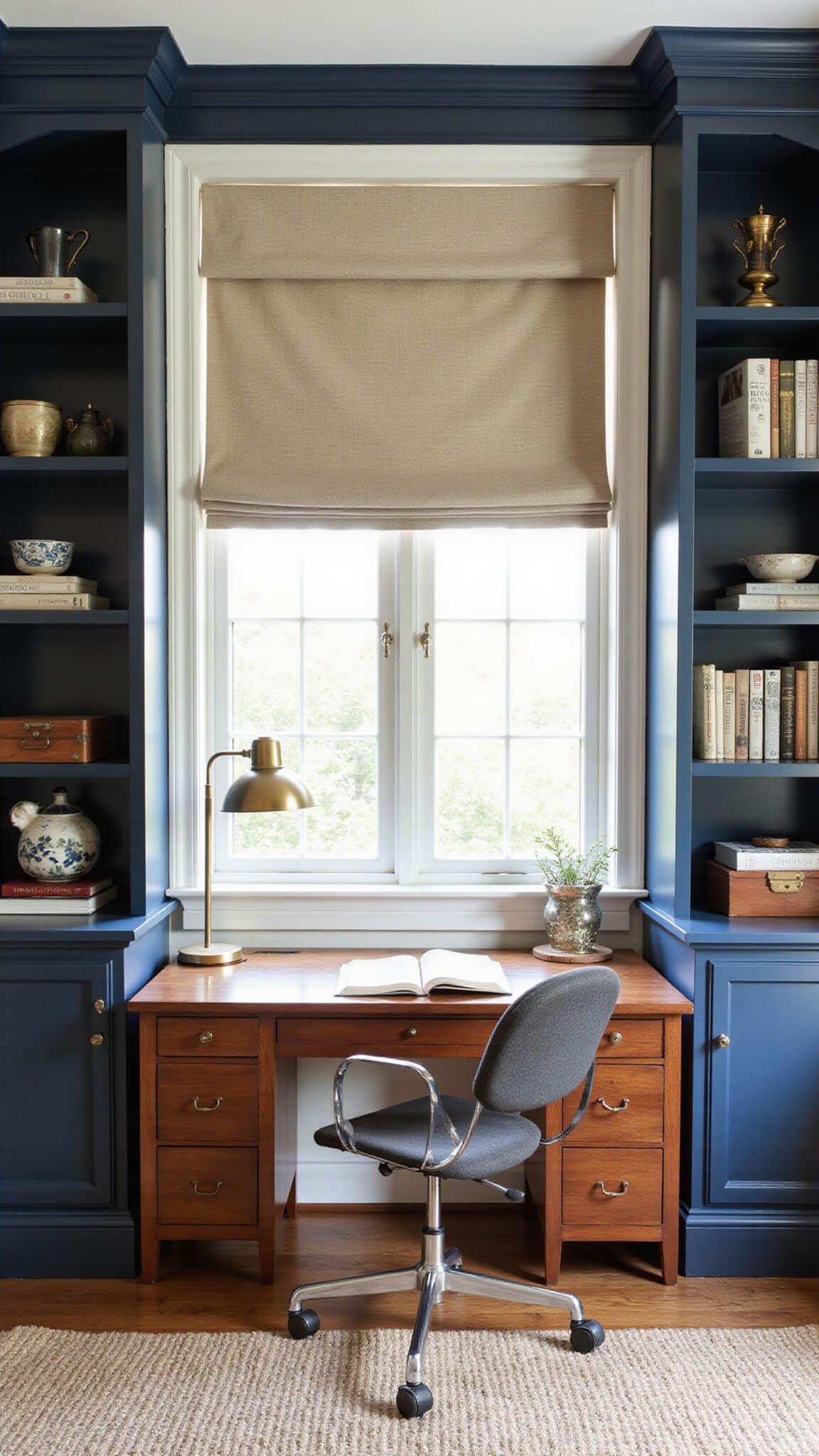 Symmetrical home office nook with built-in bookshelves, traditional wood desk, acrylic chair, brass lamp, and layered textures in navy, brass, and cream tones.