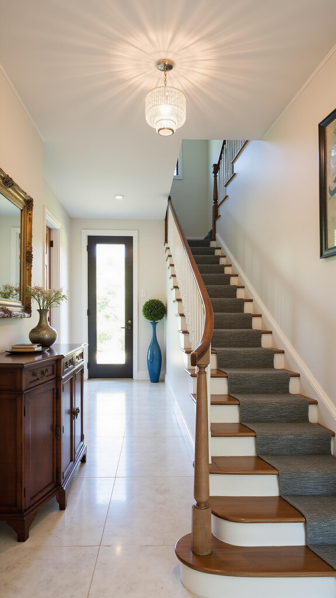 Elegant foyer with sweeping staircase, crystal ceiling light, marble floors, and console table with mirror and modern art.