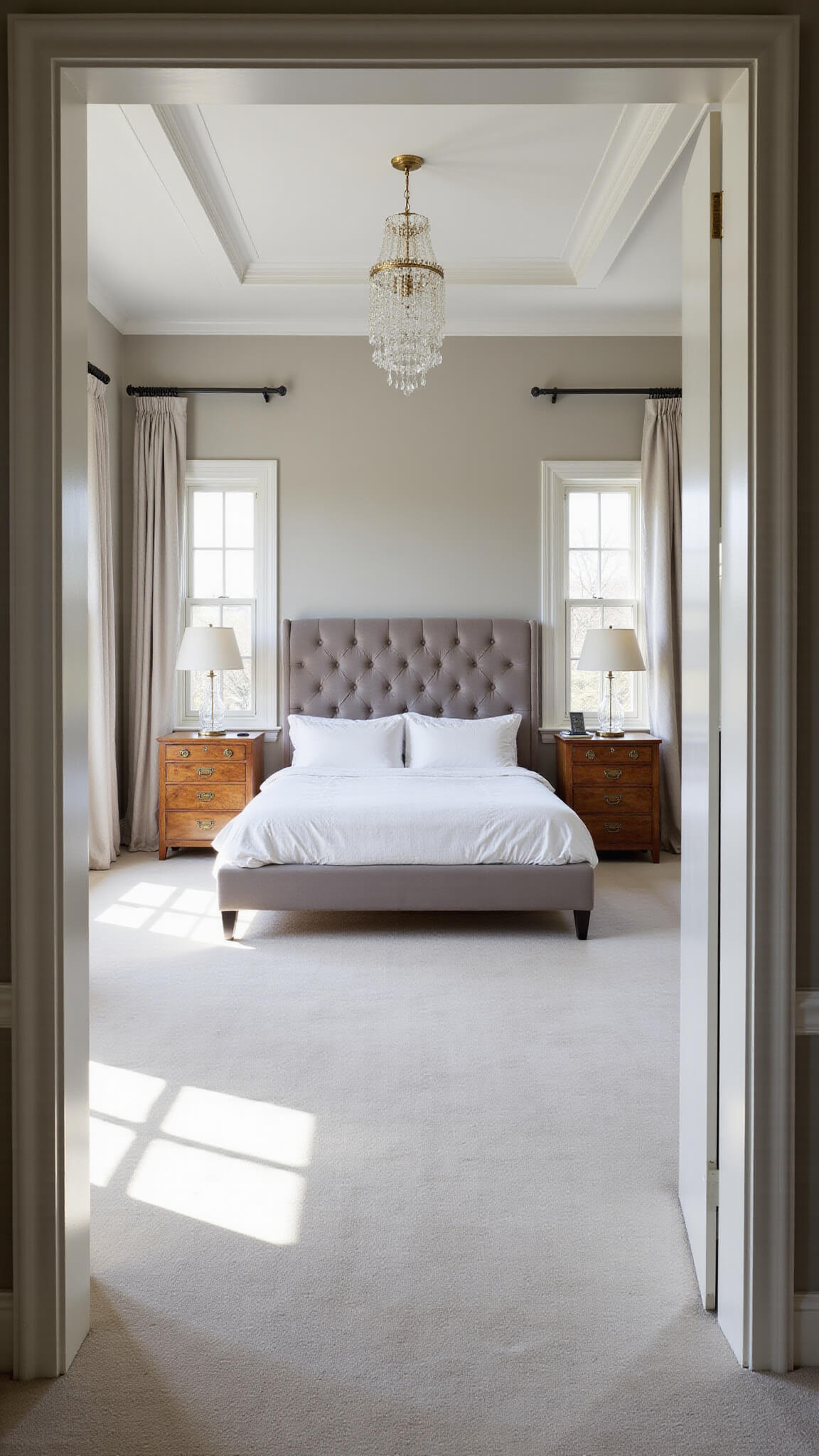 Spacious 14x16ft bedroom with king bed, tufted pearl grey headboard, greige walls, crystal chandelier, floor-to-ceiling windows, and ivory drapes.