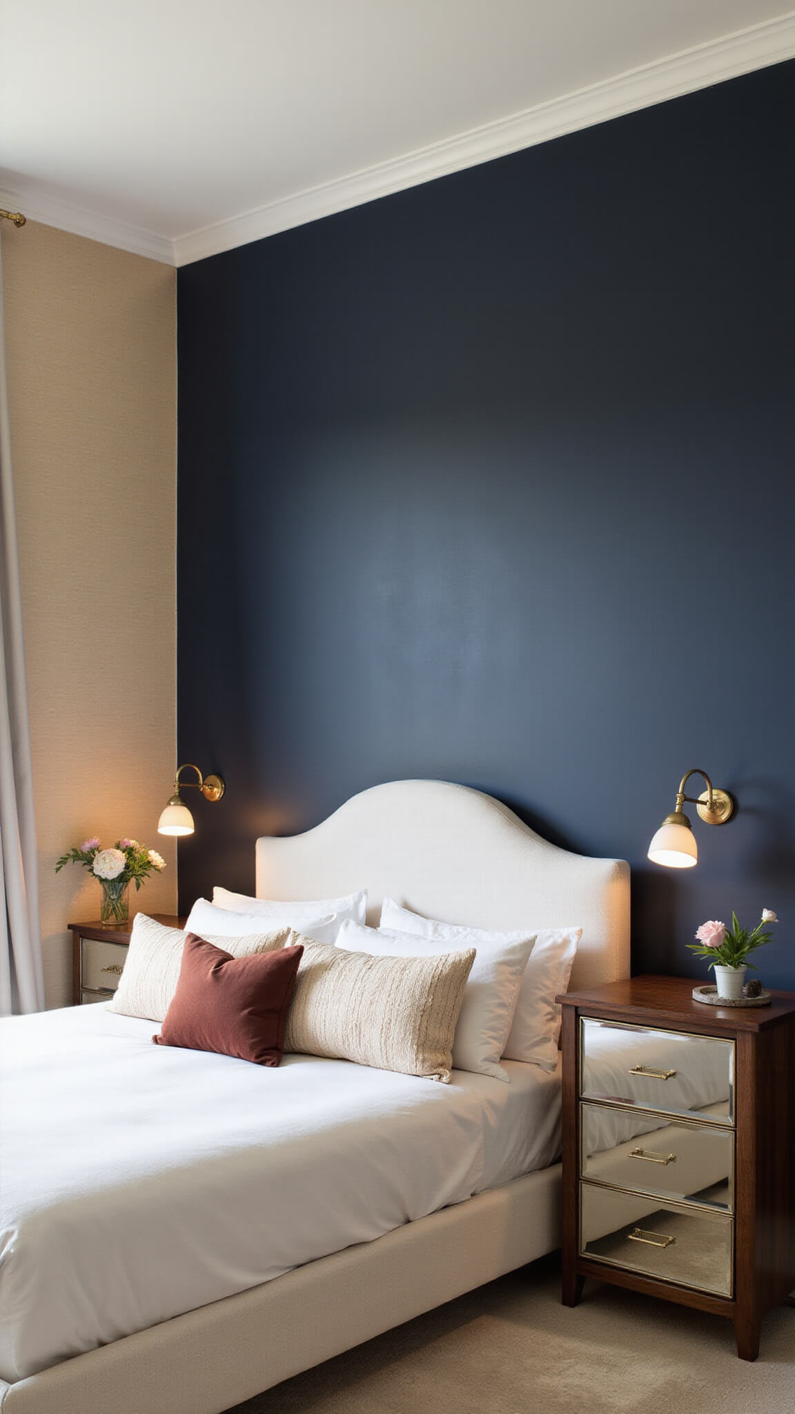 Corner view of a cozy 12x14ft bedroom at golden hour with a navy accent wall, cream upholstered bed, brass sconces, champagne grasscloth wallpaper, and a walnut dresser with an antiqued mirror top.