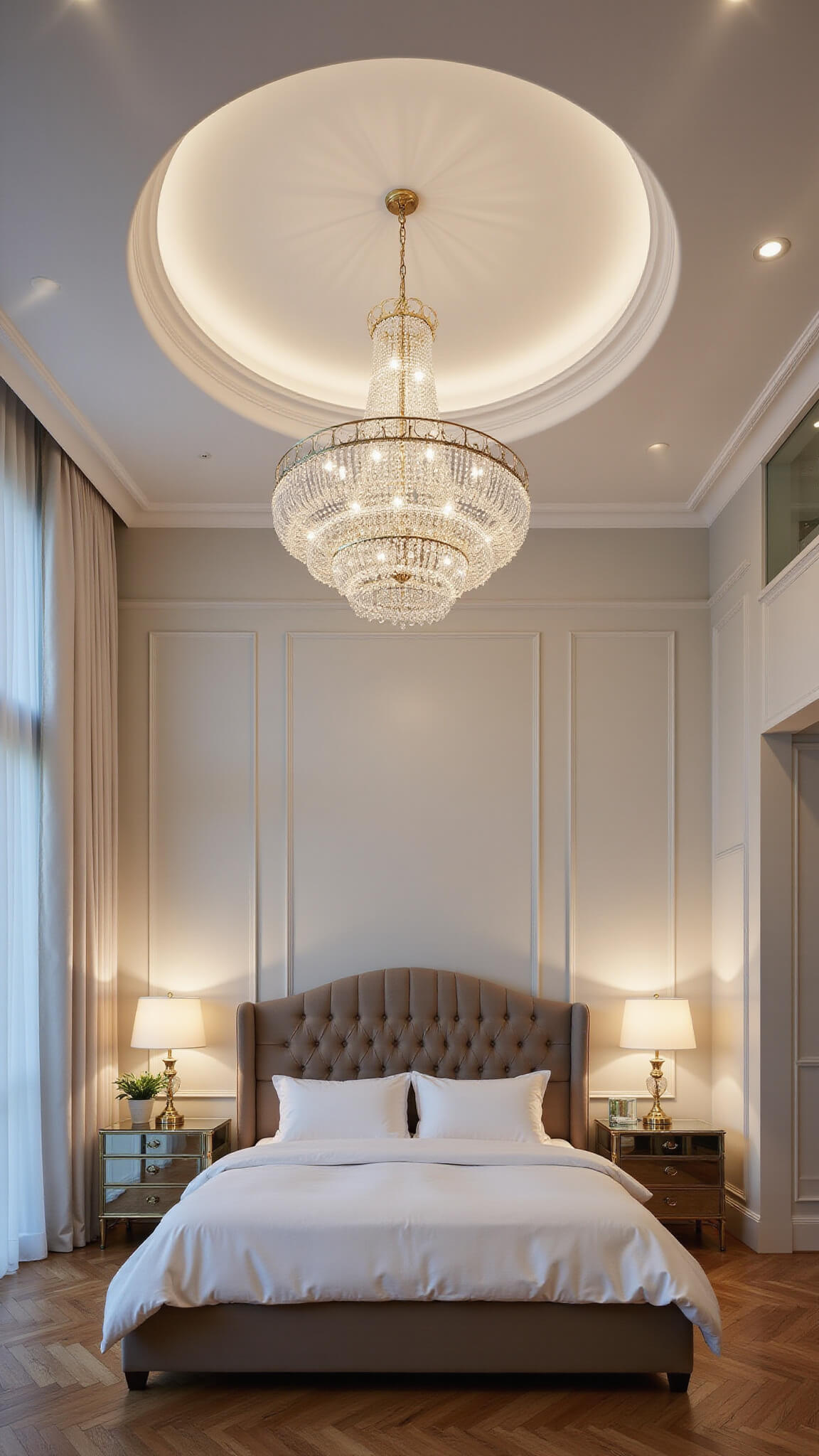 Low-angle view of elegant master bedroom with tall taupe velvet headboard, crystal chandelier, recessed lighting, and ivory drapery on herringbone floors.