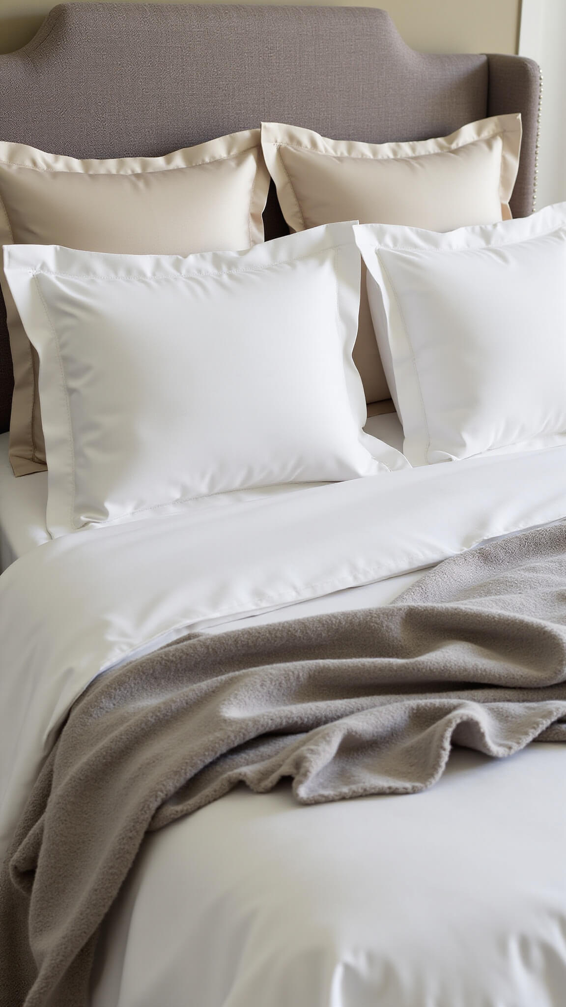 Close-up of luxurious bedding layers with white Egyptian cotton sheets, ivory down duvet, champagne silk shams, silver beaded pillows, and a cashmere throw, softly lit by afternoon side light.