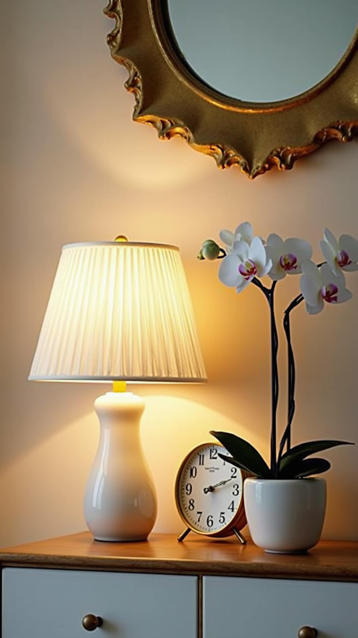Curated nightstand vignette with alabaster lamp, vintage crystal clock, orchid in ceramic vase, and gold-leafed mirror against textured wallpaper.