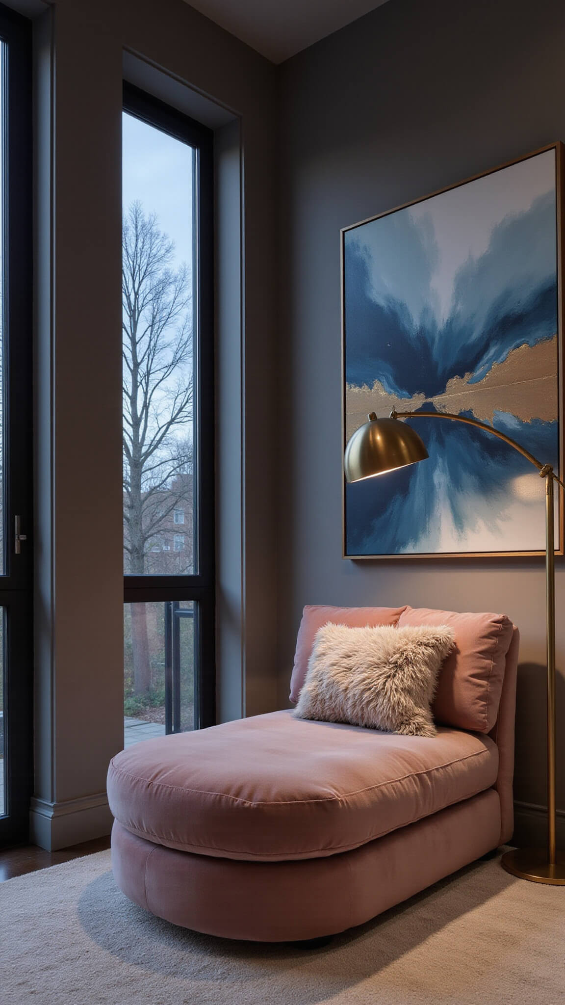 Contemporary master bedroom seating area with dusty rose velvet chaise by tall windows, abstract blue and gold artwork, brass floor lamp, and textured Mongolian wool pillow at twilight.