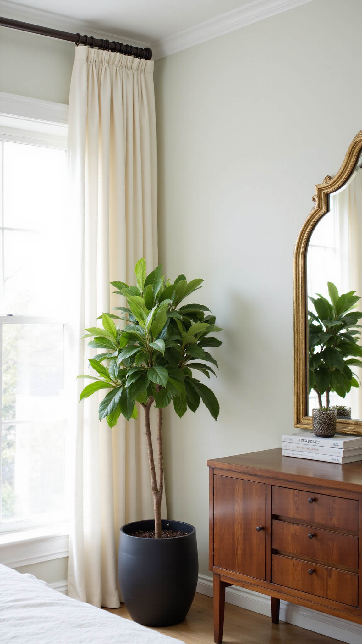 Backlit Fiddle Leaf Fig tree by sheer curtains in morning light, next to modern mirror and walnut dresser in elegant, minimalist room.