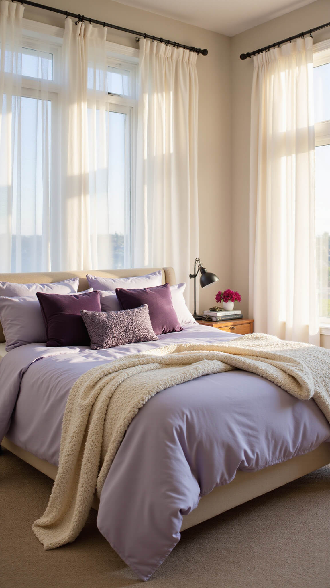 Cozy queen bed with lavender bedding and textured pillows in sunlit bedroom with sheer curtains and warm golden hour glow.