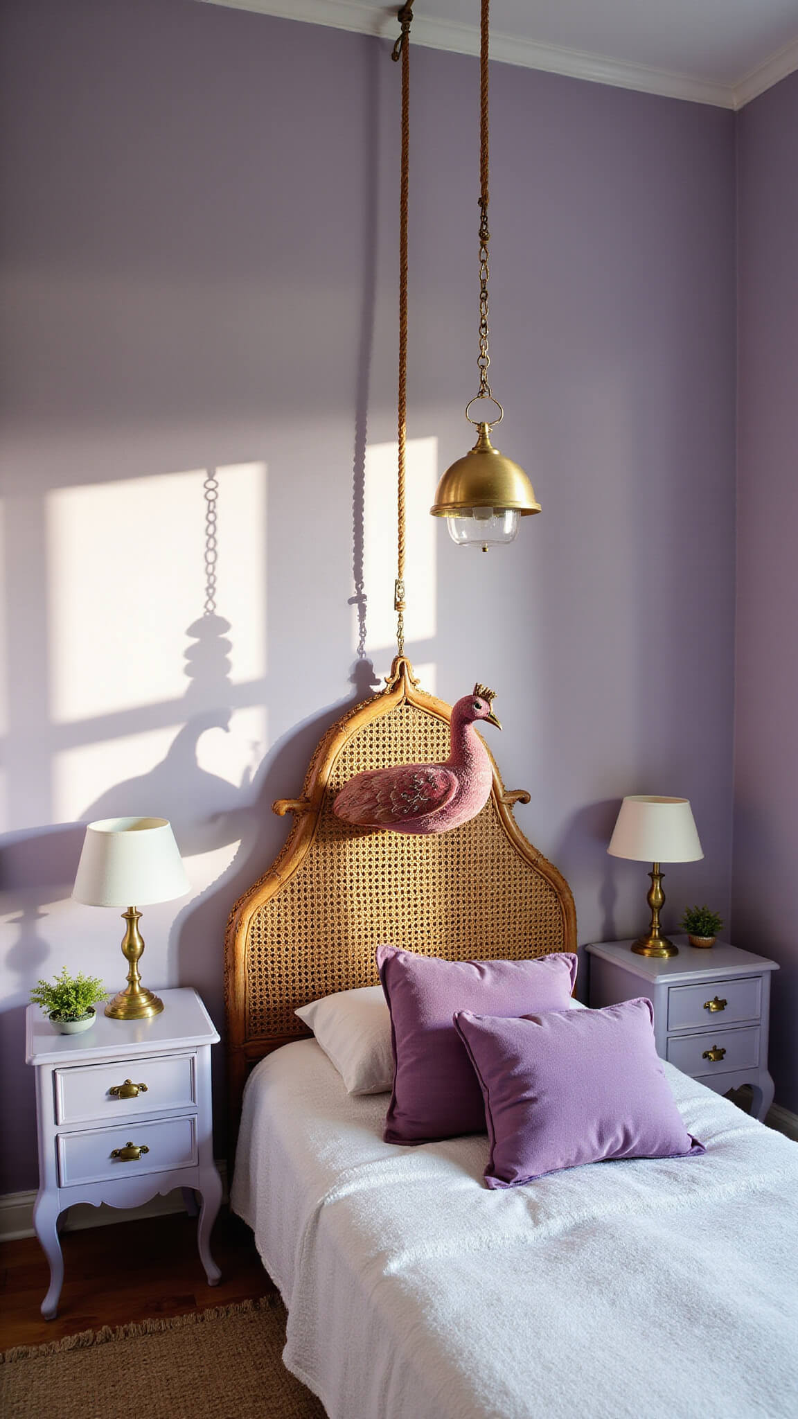 Carved rattan headboard and lavender walls bathed in morning light, flanked by vintage lavender nightstands with brass lamps, and a rattan peacock chair with purple cushions.