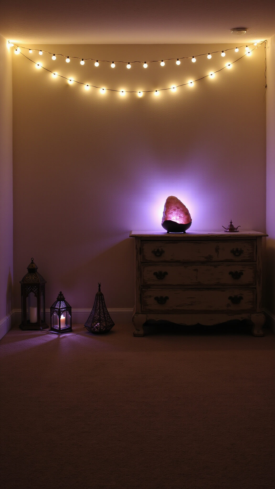 Warmly lit dusk room with copper string lights across ceiling, purple-pink Himalayan salt lamp on distressed dresser, and Moroccan lanterns casting geometric shadows on floor.