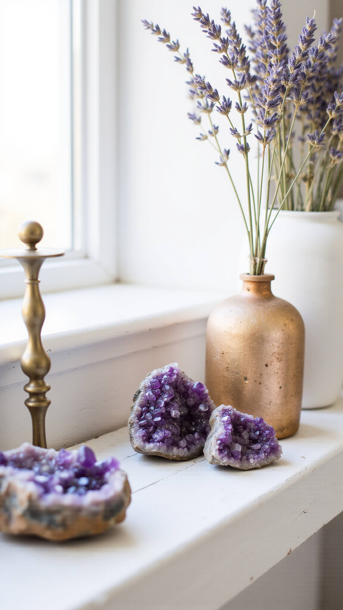 Close-up of crystal collection on white shelf with amethyst, fluorite, rose quartz, dried lavender in mercury vases, and smoking brass incense holder.