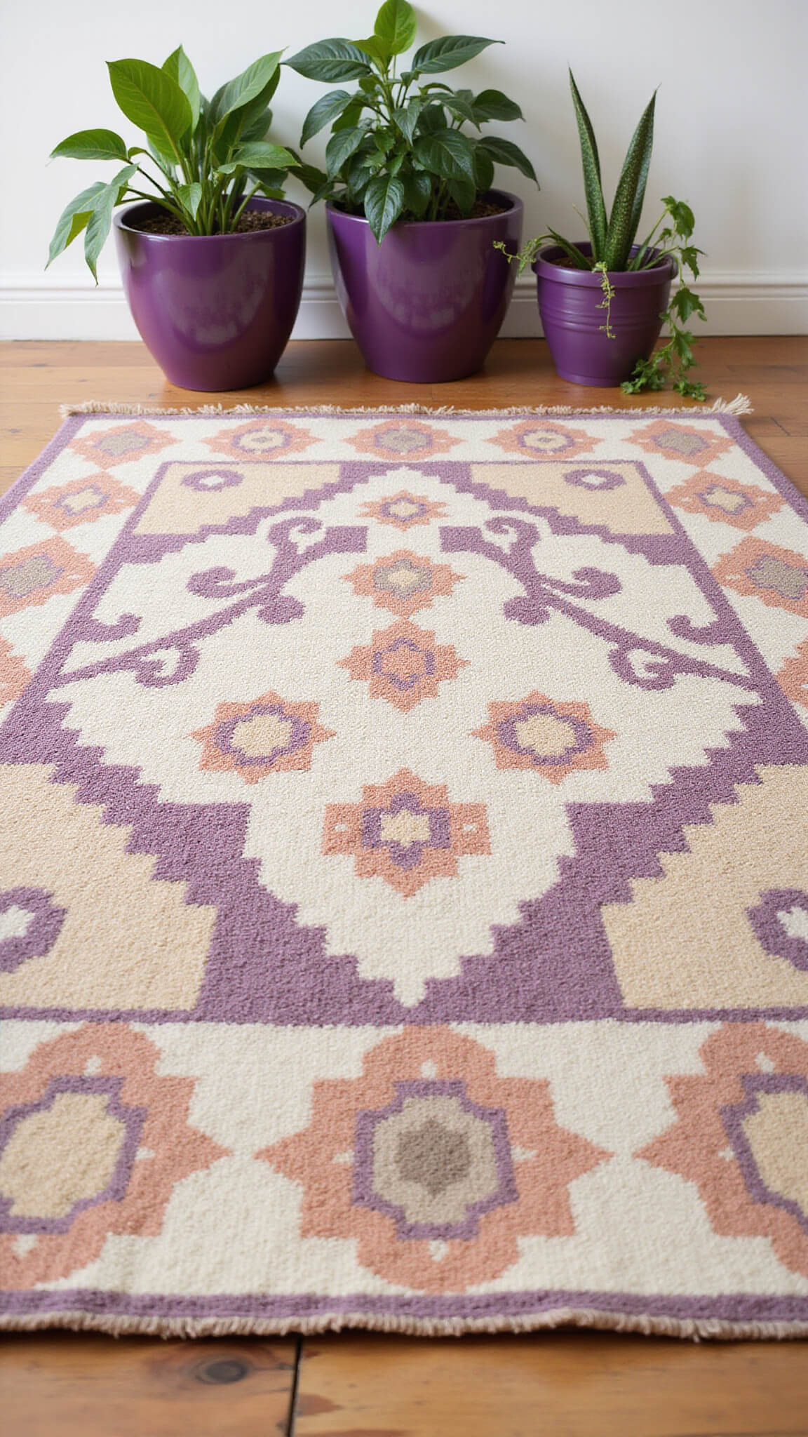 Low-angle view of a handwoven 8x10ft Moroccan rug with purple, cream, and copper geometric patterns on a bare wood floor, bordered by purple ceramic planters with pothos and snake plants.