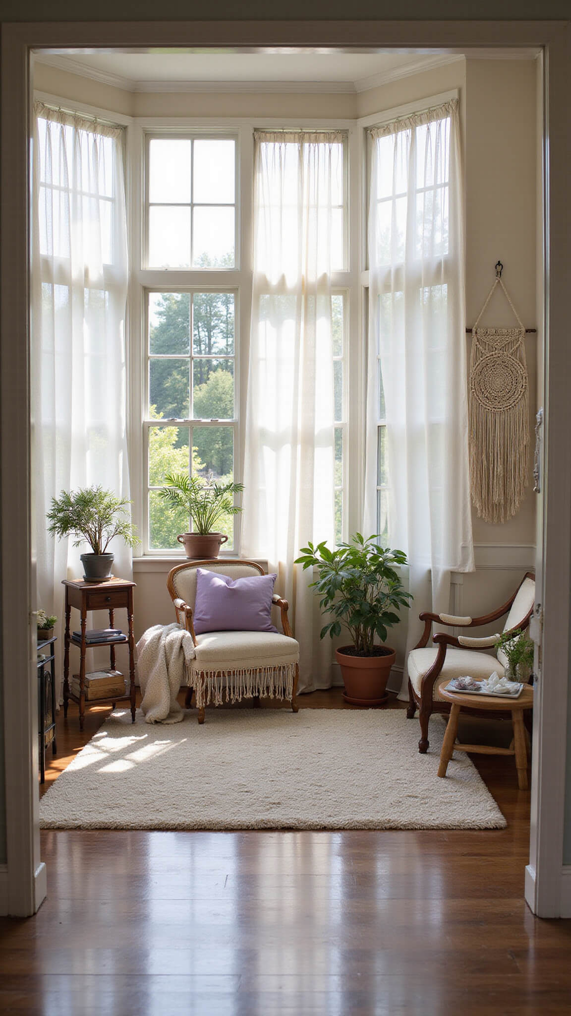 Wide-angle view of 14x16ft room with gauzy curtains, macramé wall hangings, vintage lavender-accented furniture, natural textures, plants, and crystals.