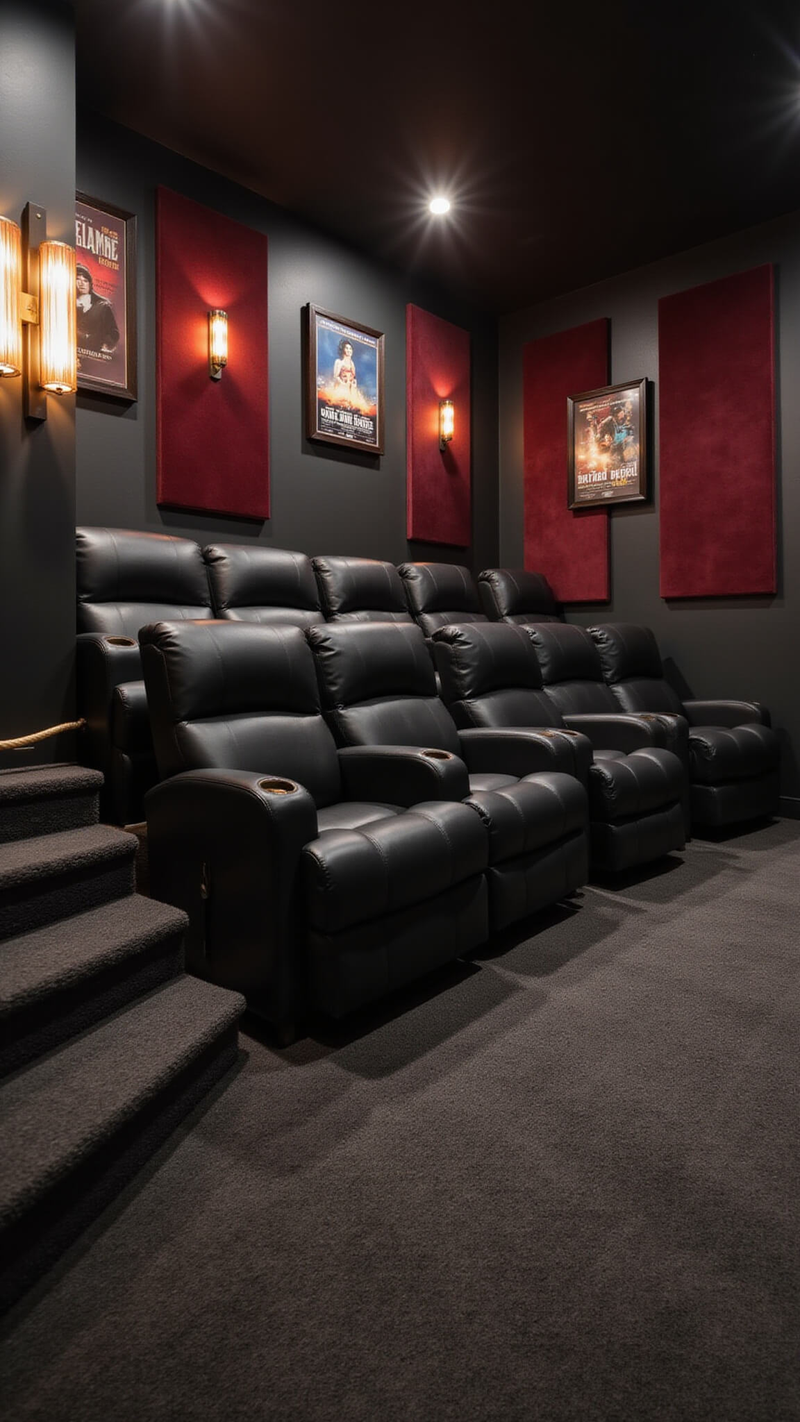 Cozy 12x15 ft basement home theater with tiered black leather recliners, burgundy velvet acoustic panels on charcoal walls, 120-inch projector screen with backlighting, vintage movie posters, and ambient rope and sconce lighting.