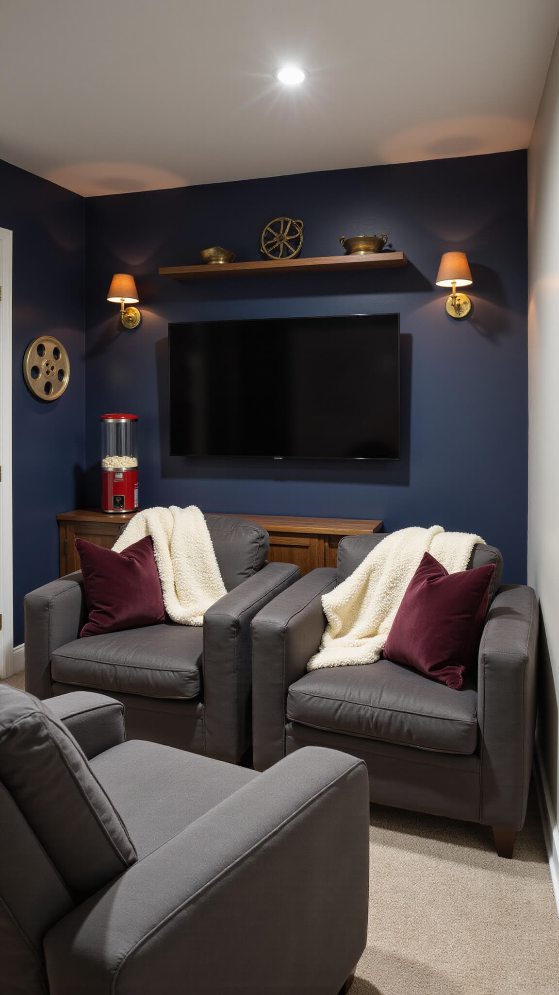 Cozy under-stairs theater nook with slate gray recliners, navy walls, 65-inch TV, walnut shelf, brass sconces, sherpa throws, velvet pillows, vintage film art, and glowing popcorn machine.