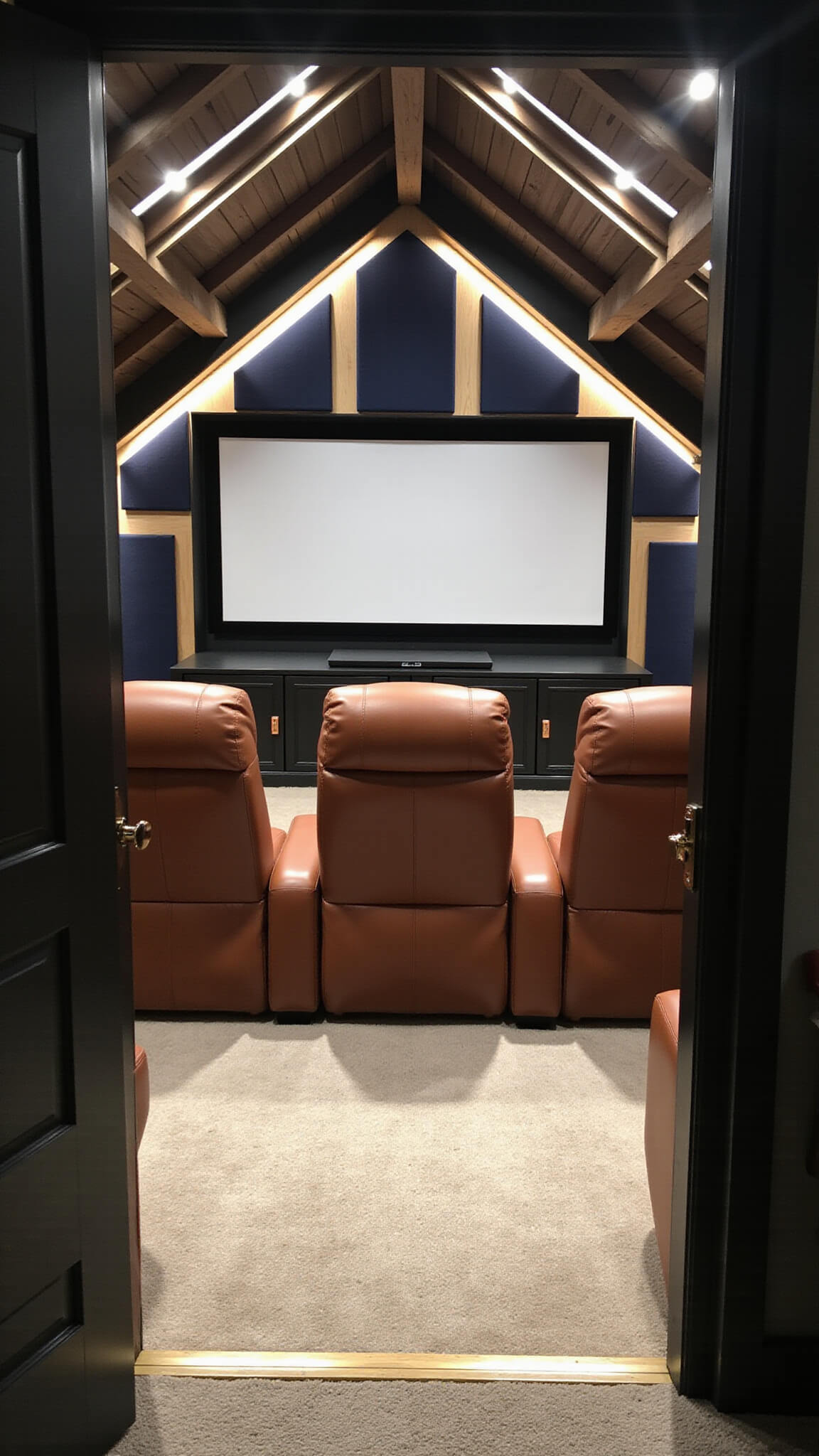 Modern 10x12 ft attic home theater with cognac leather seats, navy and gold acoustic panels, exposed wood beams, LED accent lighting, and a 100-inch screen.