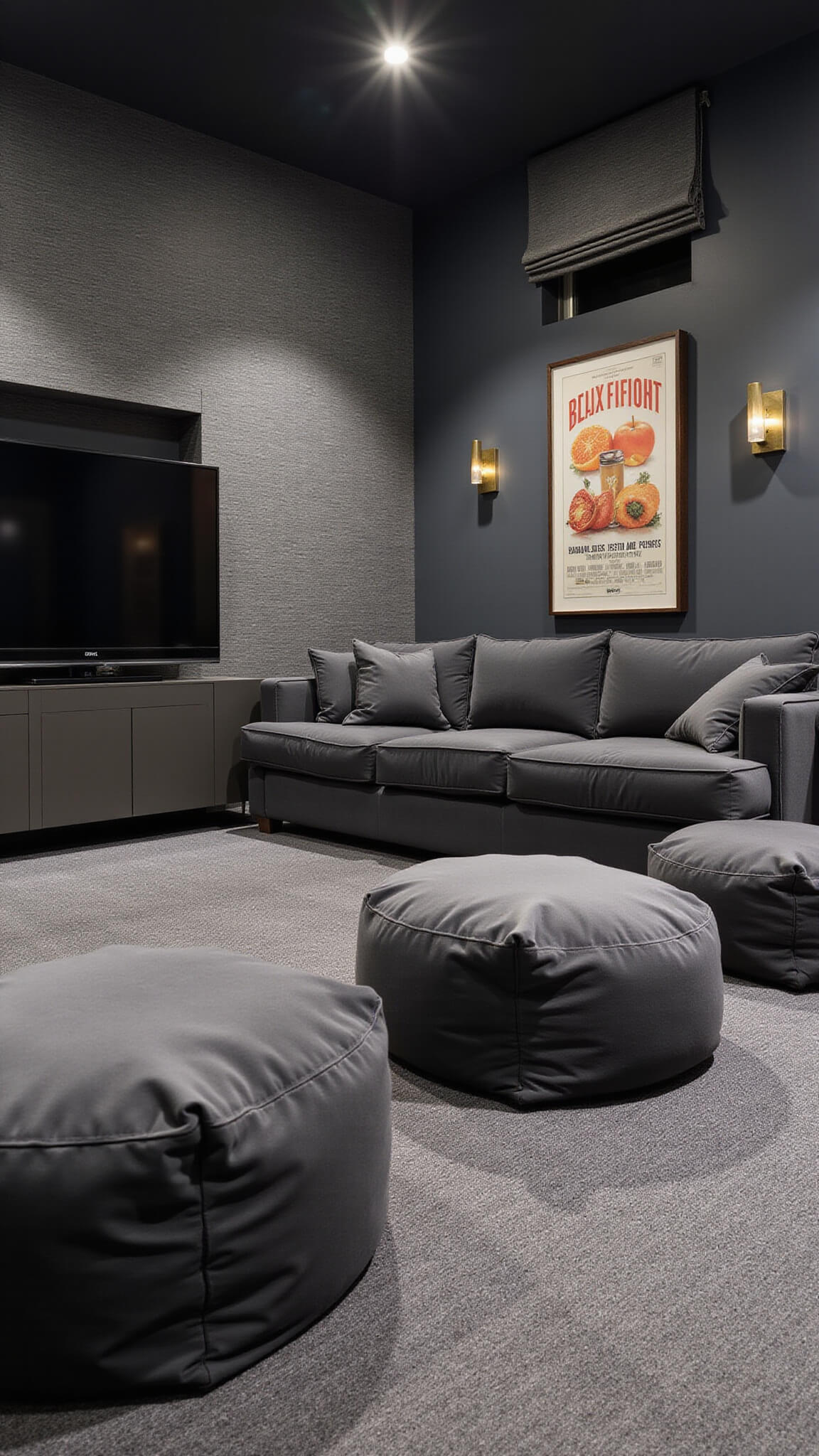 Contemporary 8x10 ft home theater with deep charcoal textured walls, gray velvet seating, 85-inch TV on floating console, LED-backlit movie posters, brass side tables, and woven Roman shades.