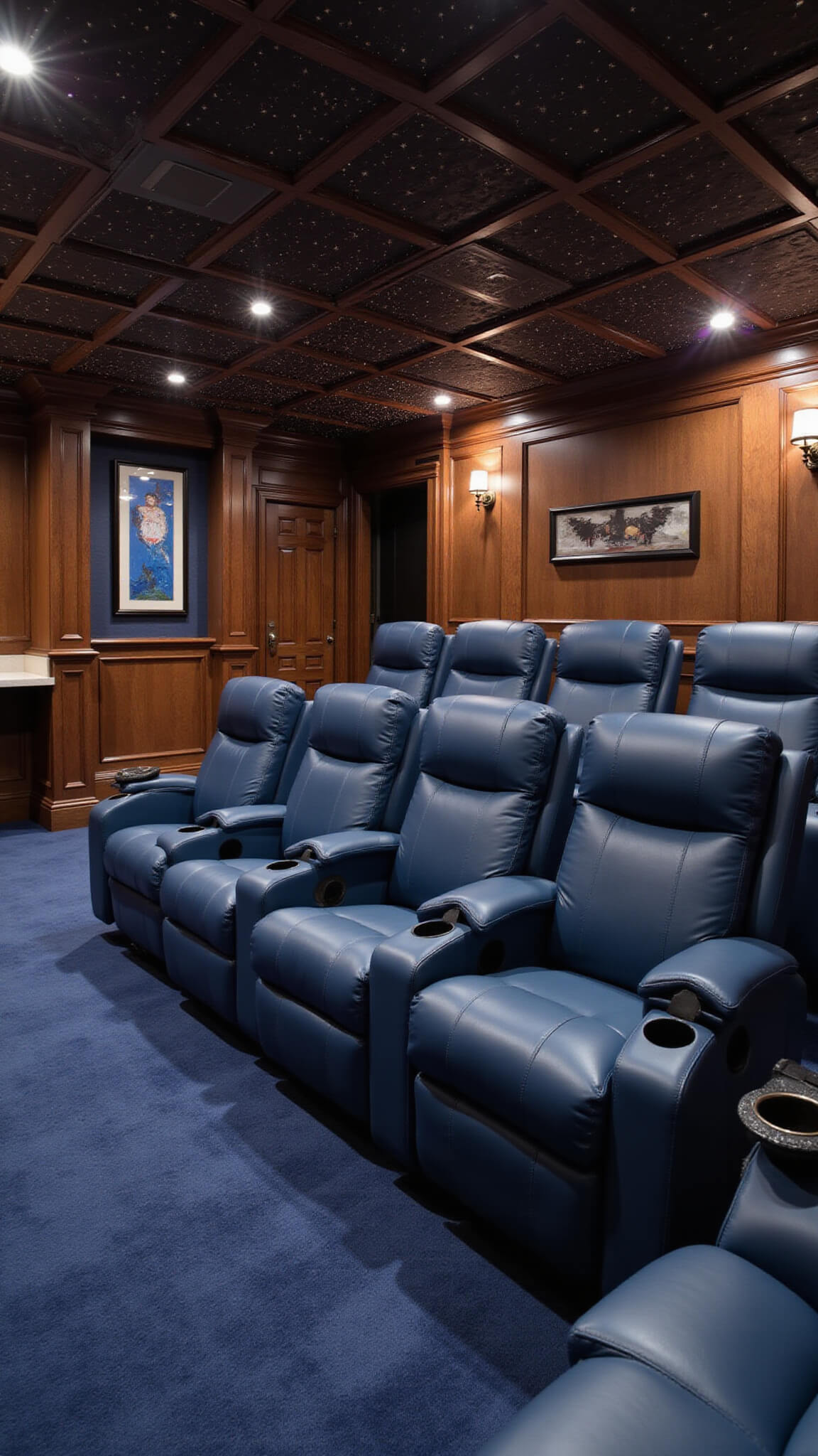 Luxury basement home theater with tiered midnight blue recliners, fiber optic star ceiling, 150-inch screen, walnut acoustic panels, refreshment bar, and plush navy carpet.