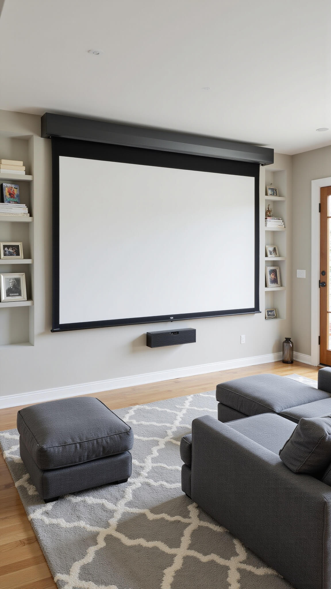 Minimalist 10x12 ft living room theater with dark gray modular sectional, 100-inch ceiling-mounted screen, hidden projector, automated blackout blinds, and floating shelves displaying film memorabilia.