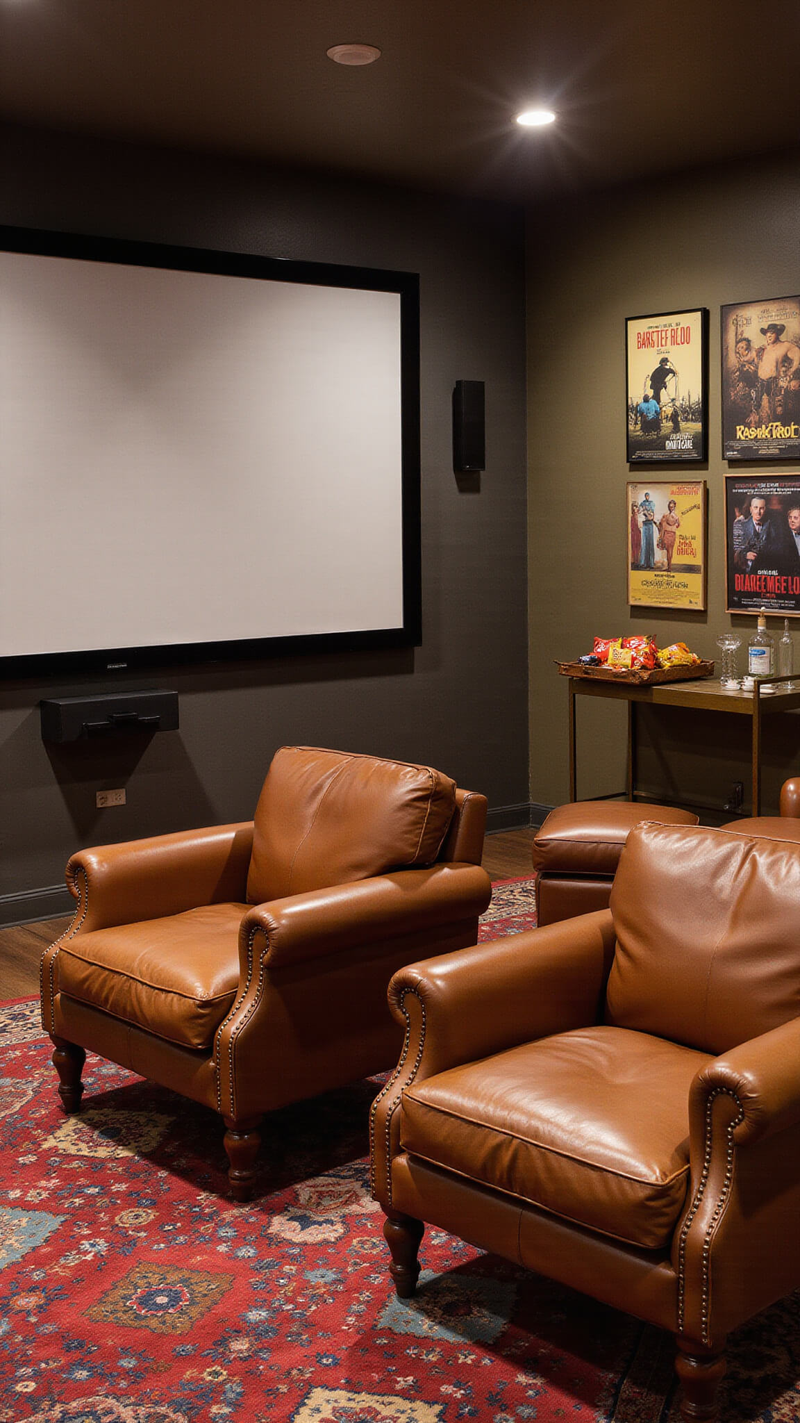 Eclectic 12x14 ft media room with vintage leather chairs, modern cognac chaise, gallery wall of movie posters, 120-inch screen, industrial sconces, mid-century bar cart, and Moroccan jewel-toned rug.