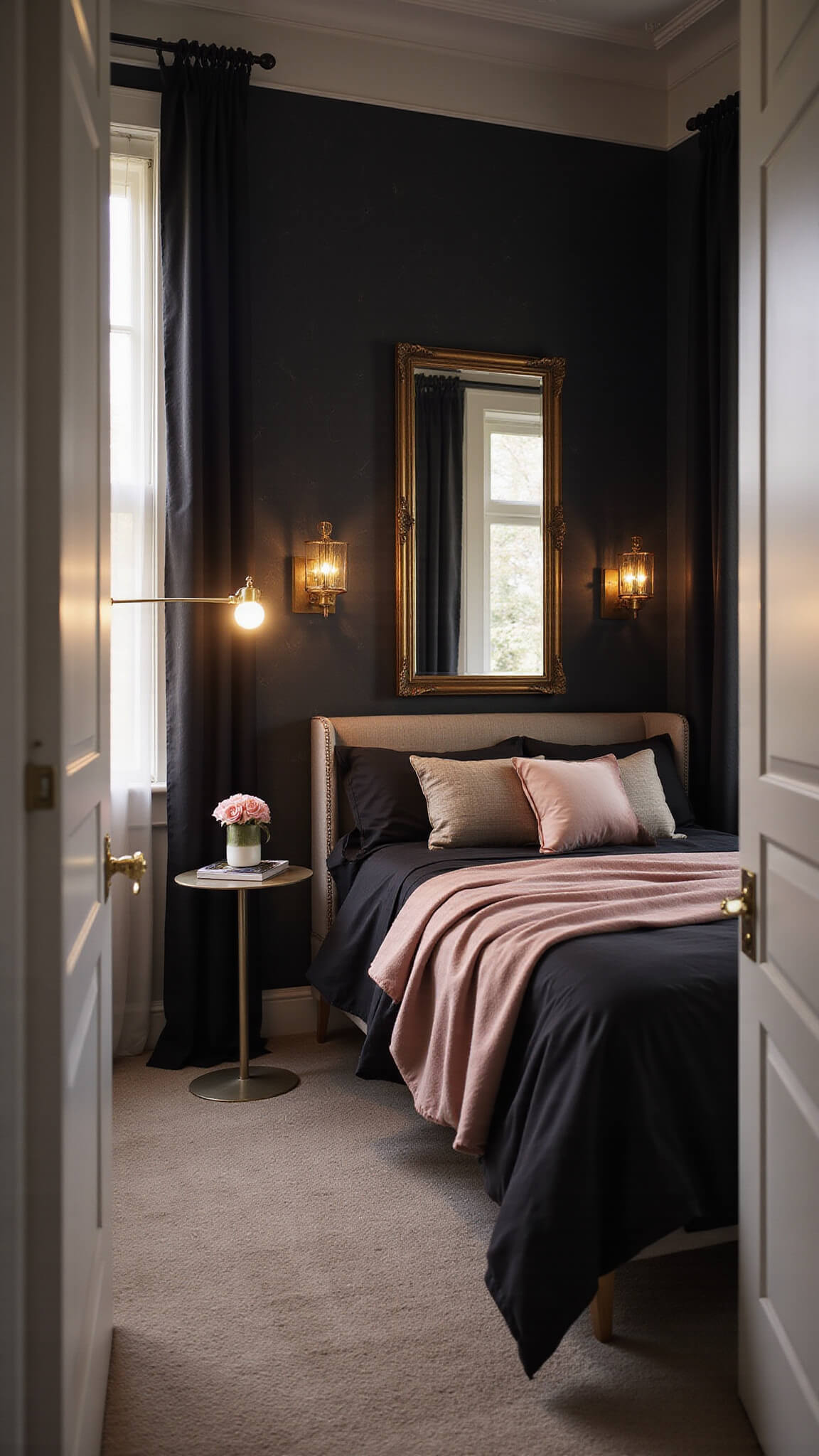 Cozy 12x12ft bedroom at golden hour with black accent wall, gold sconces, blush and black bedding, and sheer black curtains softly filtering sunlight.
