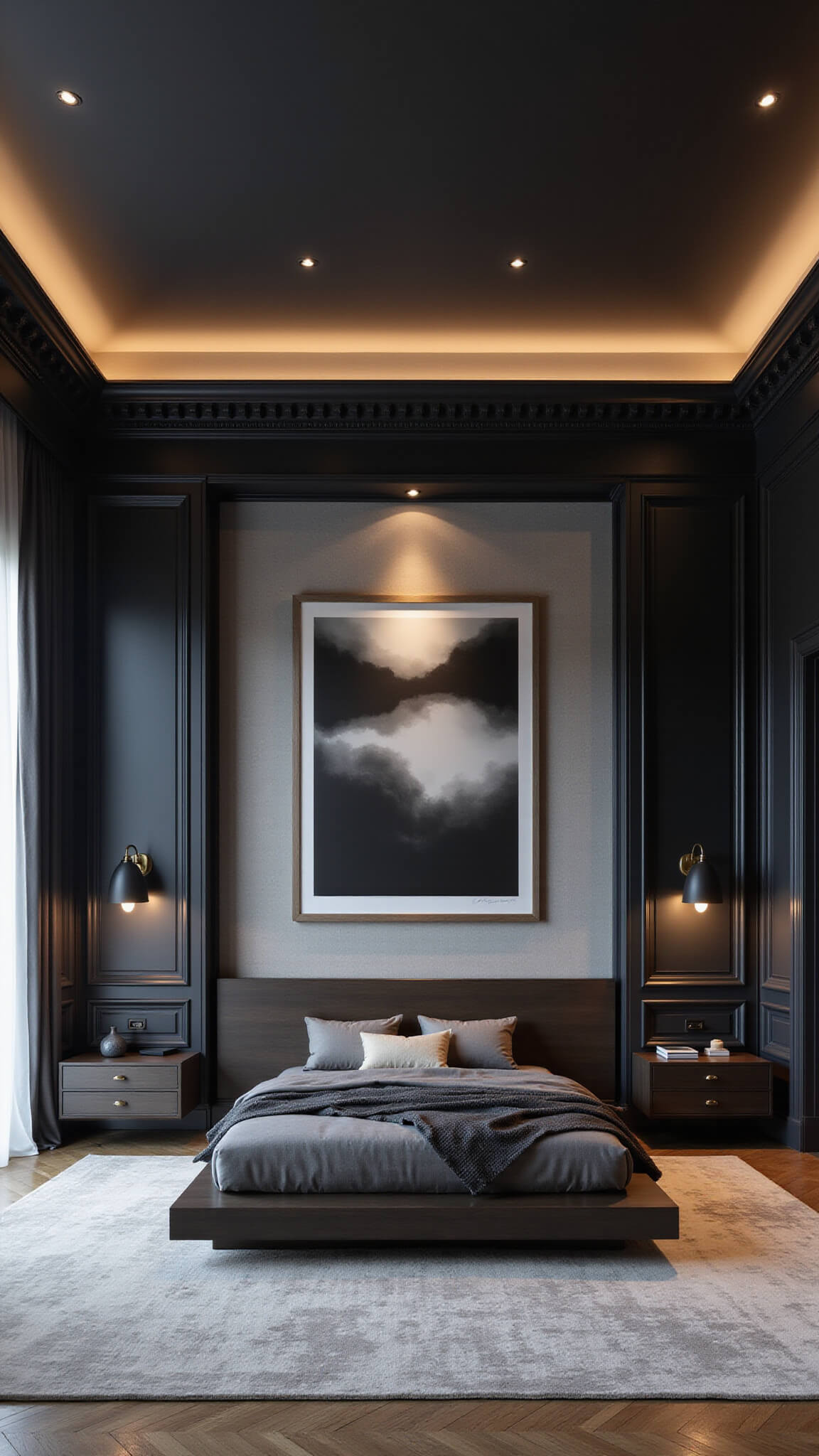 Modern minimalist bedroom with 10ft ceilings, black architectural details, LED strip lighting on crown molding, ebony platform bed, floating nightstands, and monochromatic black artwork.