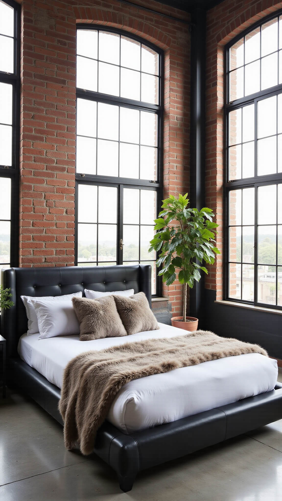 Loft-style bedroom with soft black exposed brick, industrial windows, polished concrete floors, and a California king bed with white linens and faux fur throws.