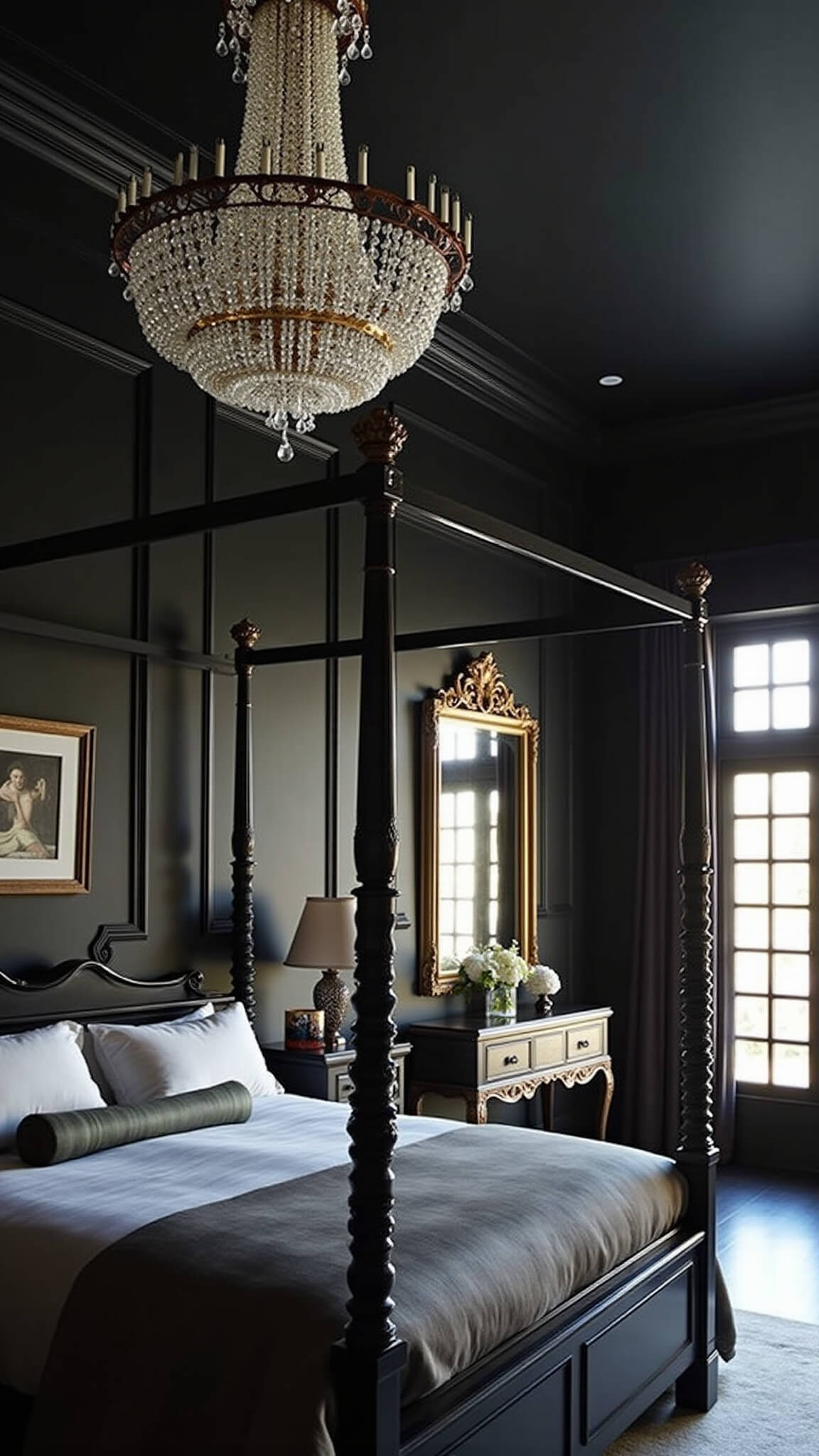 Romantic master bedroom with black paneled walls, tray ceiling, crystal chandelier, four-poster bed in black silk, and antique gold accents at blue hour.