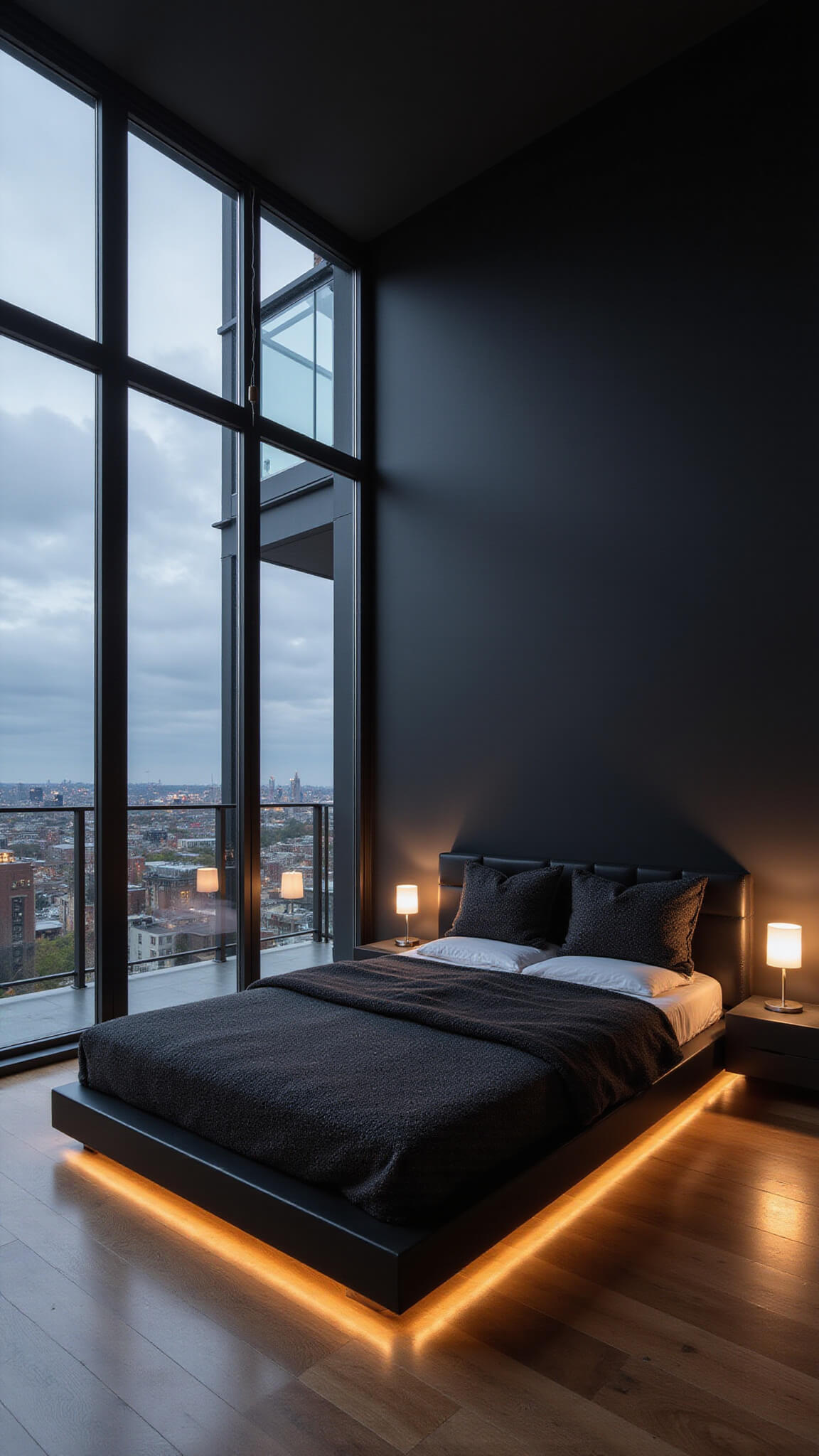 Modern black bedroom with city skyline view through floor-to-ceiling windows, featuring black walls, walnut floors, and a platform bed with integrated lighting.