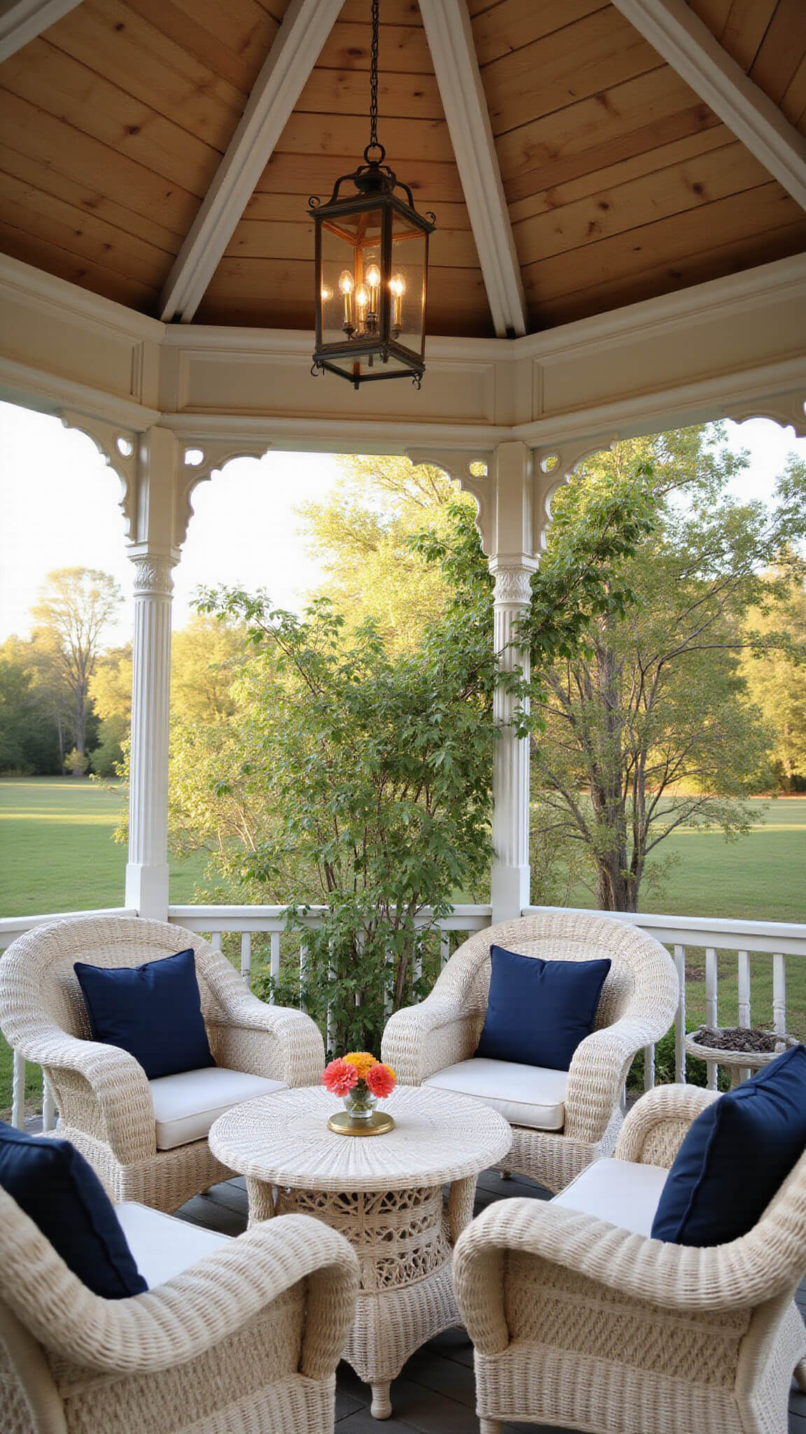 Victorian-style white octagonal gazebo with ornate spindle work and jasmine-covered lattice, featuring cream wicker furniture with navy cushions and brass lanterns under a peaked cedar roof at golden hour.