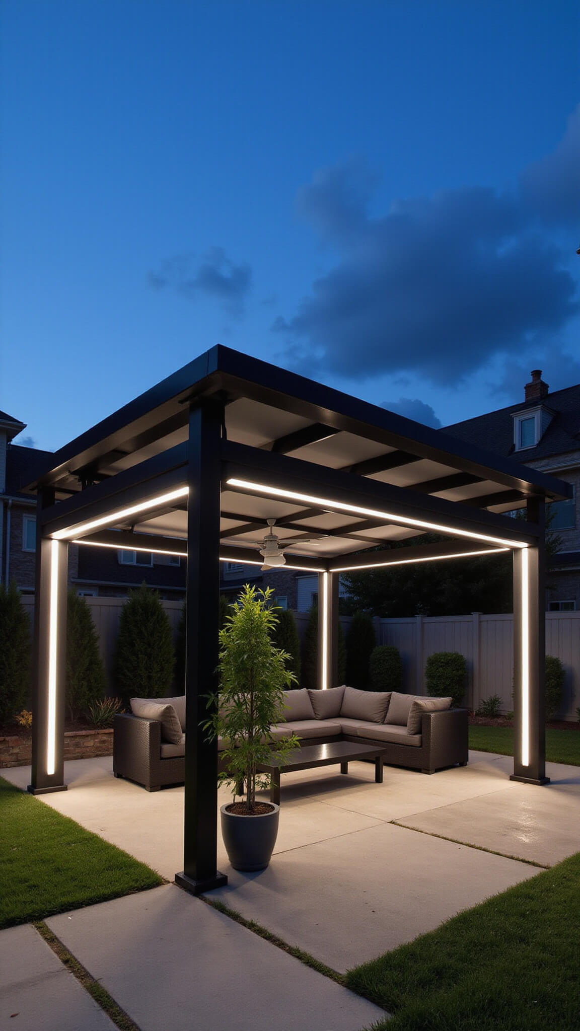 Modern 14x14ft black aluminum gazebo with retractable glass roof, LED-lit beams, charcoal sectional seating, and potted bamboo, captured at dusk with blue hour lighting.