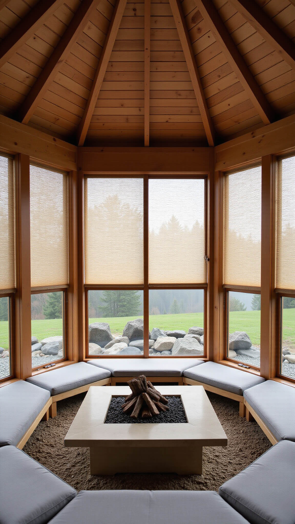 Zen-inspired 14ft hexagonal gazebo with sliding shoji screens, exposed Douglas fir frame, low platform seating around central fire table, and misty morning light filtering through bamboo blinds and rock garden.