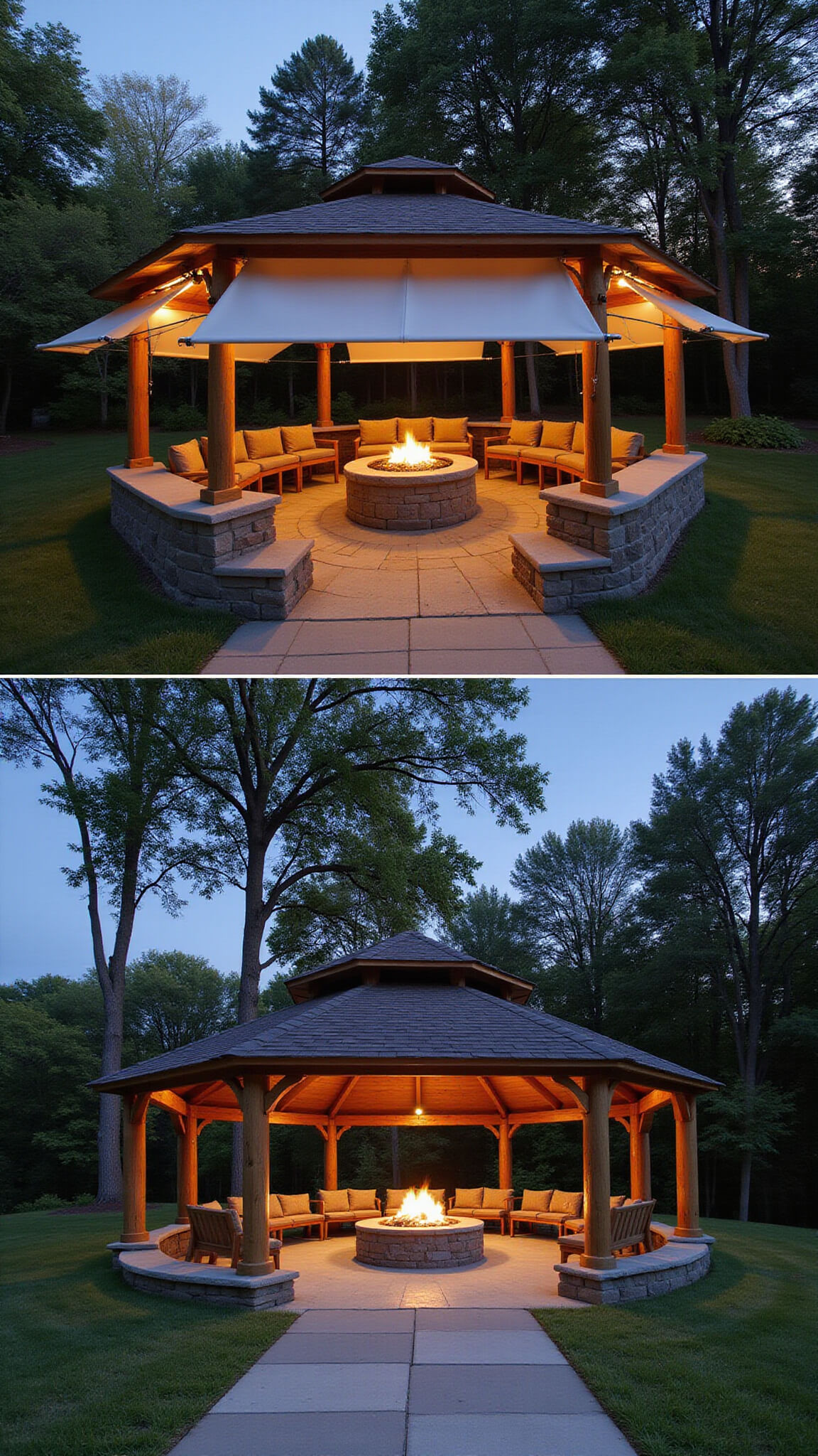 Circular 18ft entertainment gazebo with retractable canvas roof, curved teak bench seating around concrete fire pit, festoon lights above, and concealed speakers, viewed at dusk from entrance.