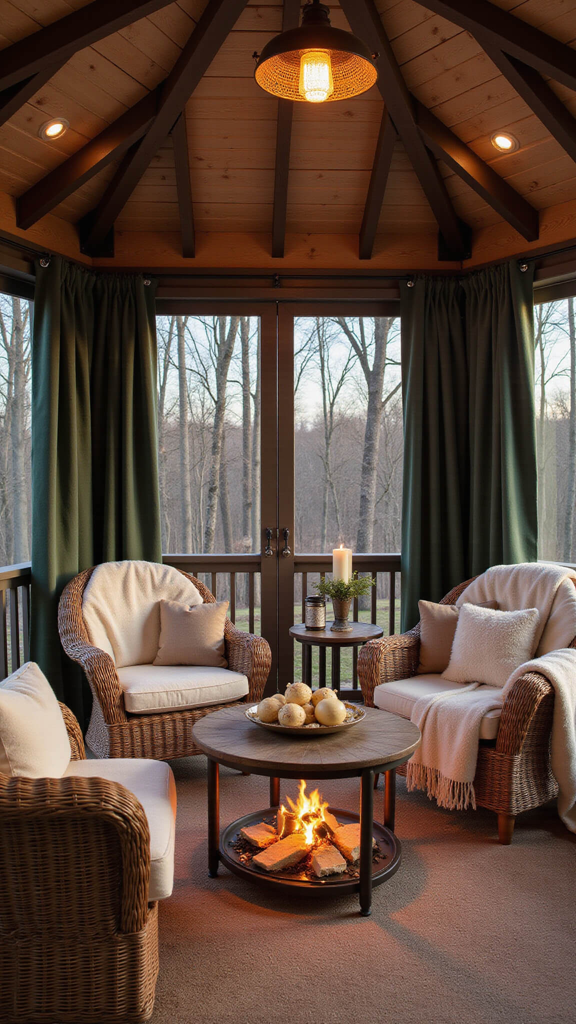 Cozy 12x12ft winter gazebo with vaulted ceiling, rattan seating, faux fur throws, green curtains, and warm lighting at golden hour.
