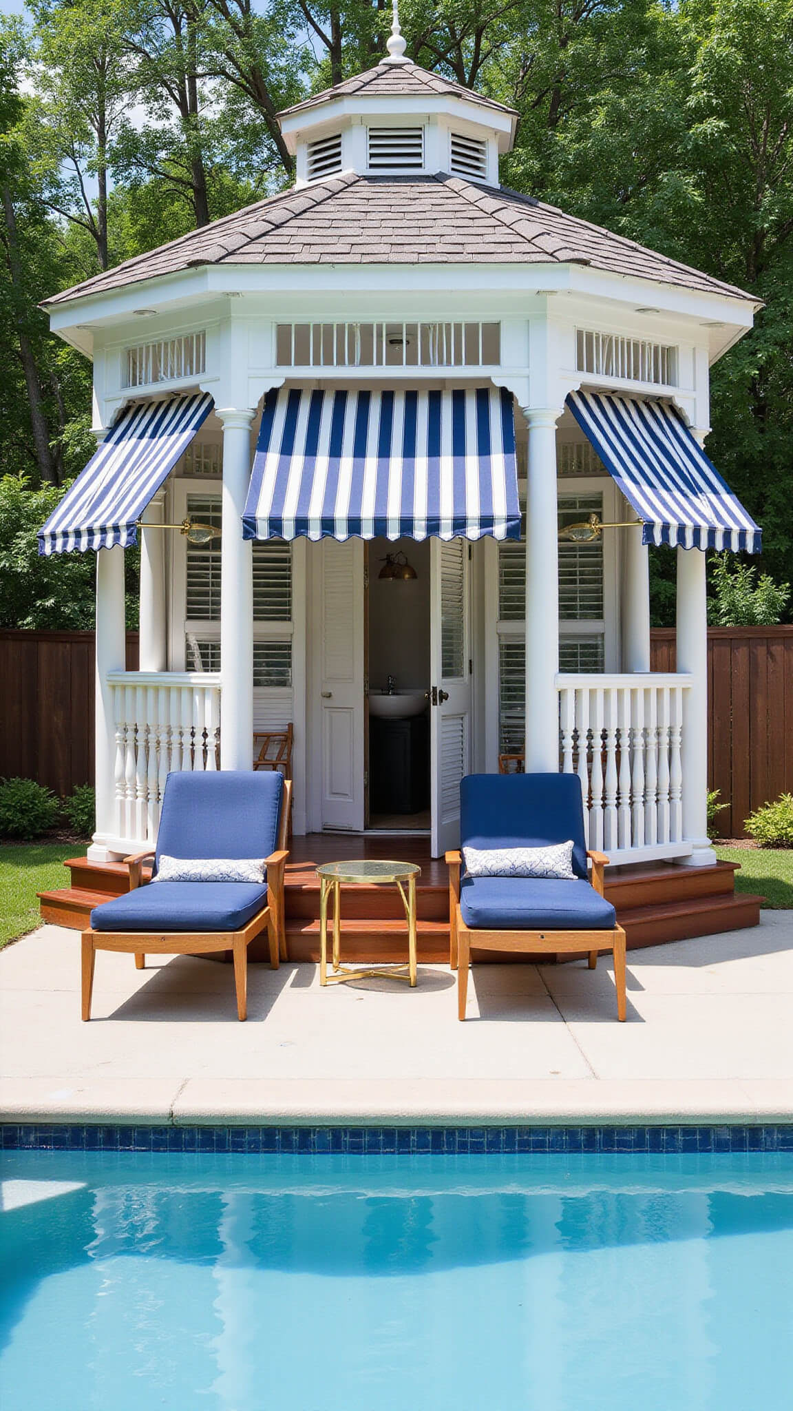 Victorian-style octagonal gazebo converted to pool cabana with white railings, mahogany deck, navy-striped awnings, teak lounges, and brass tables beside a pool.