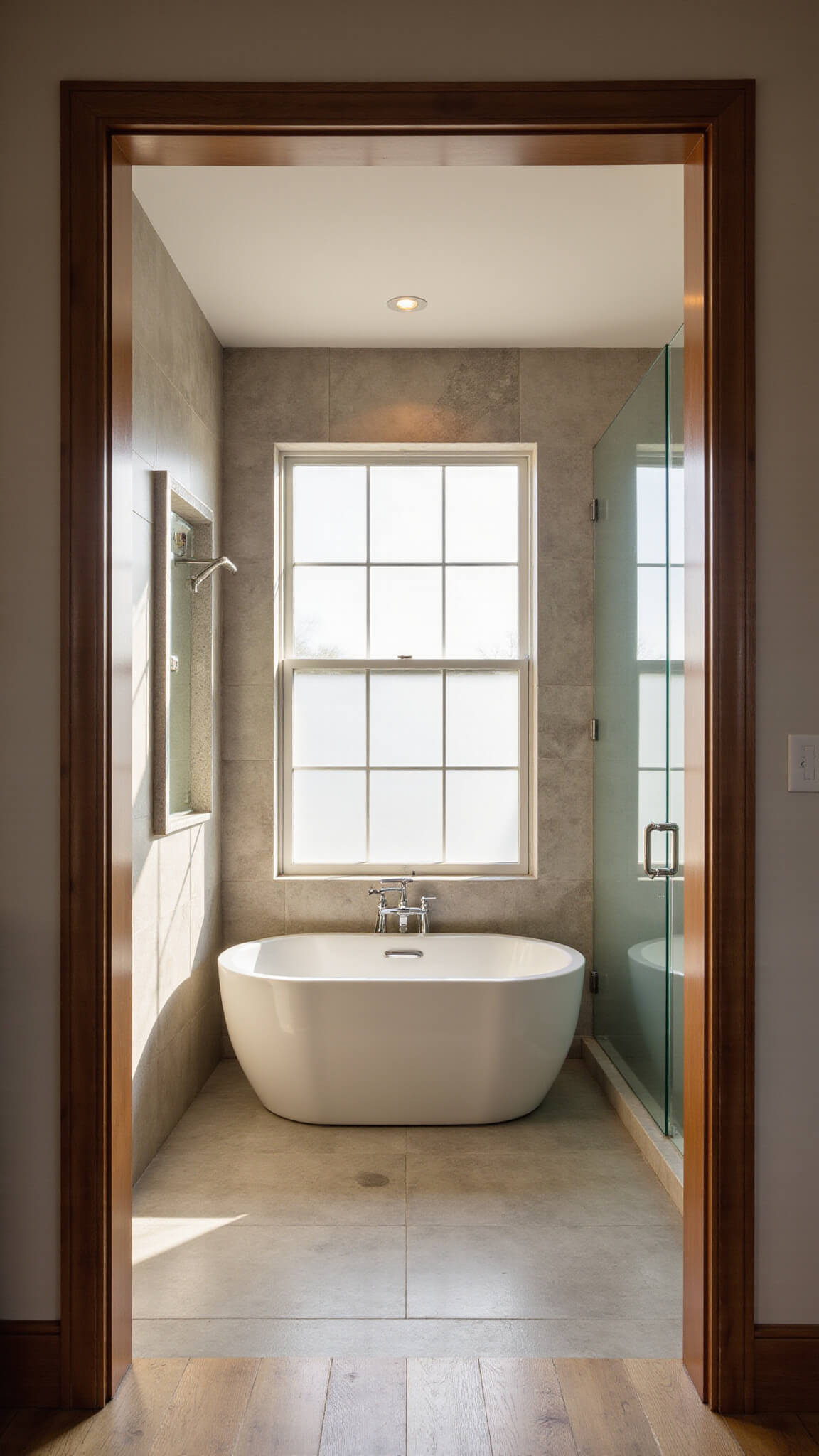 Luxurious 12x15ft master bathroom with Japanese soaking tub, natural stone tiles, rainfall shower, and ambient lighting.