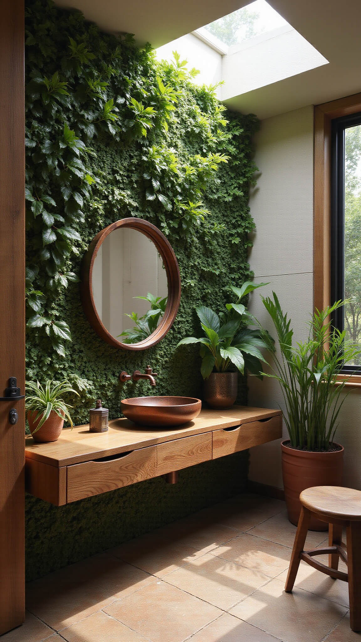 Modern 10x12ft bathroom with floating raw wood vanity, lush tropical living wall, bronze mirror, textured stone floor, and soft skylight shadows.
