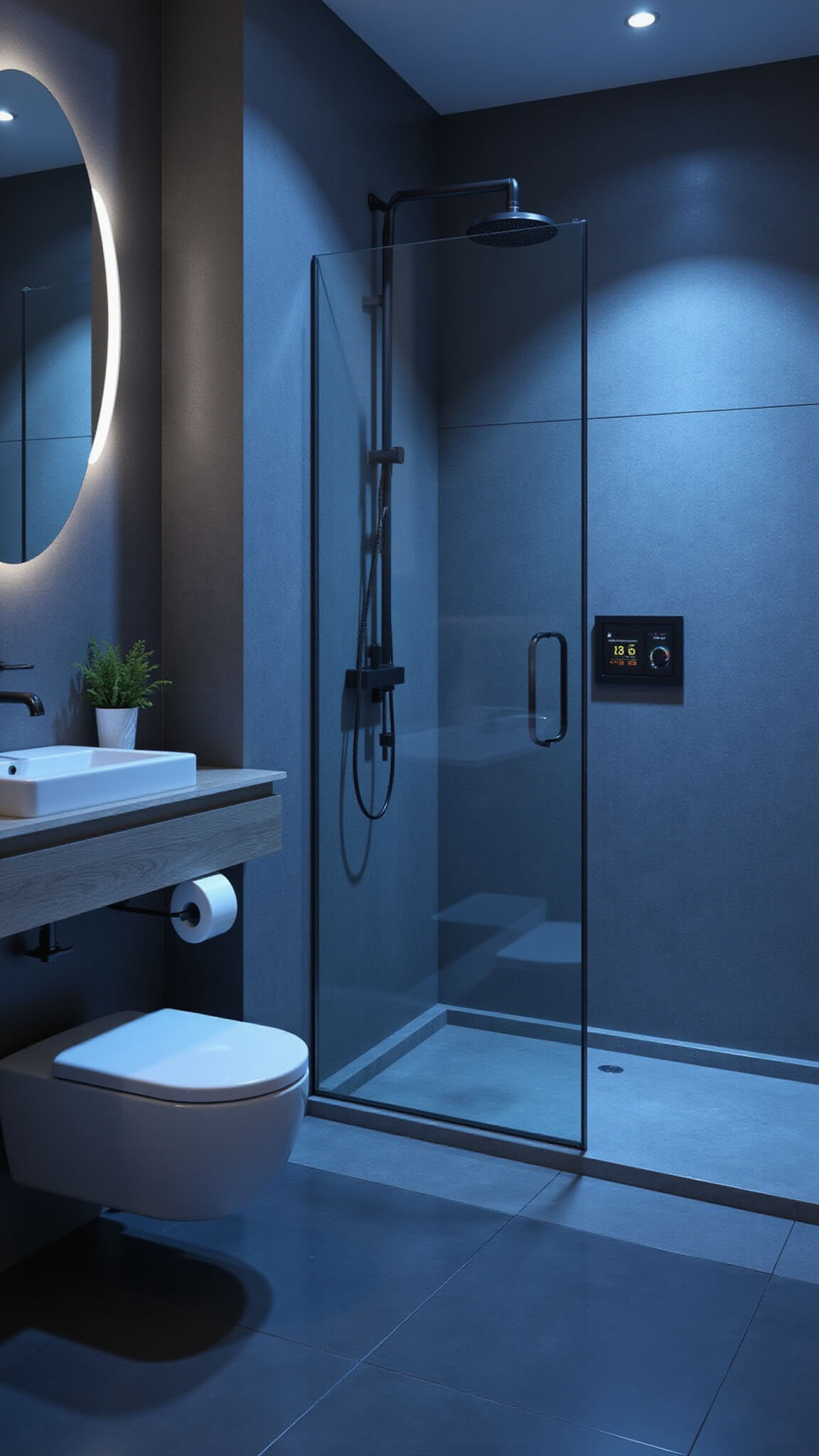 Smart 8x10ft contemporary bathroom with matte black fixtures, voice-controlled shower, motion-sensor LED vanity lights, self-cleaning toilet, and tech mirror display, viewed from above at a 45-degree angle with cool blue lighting.